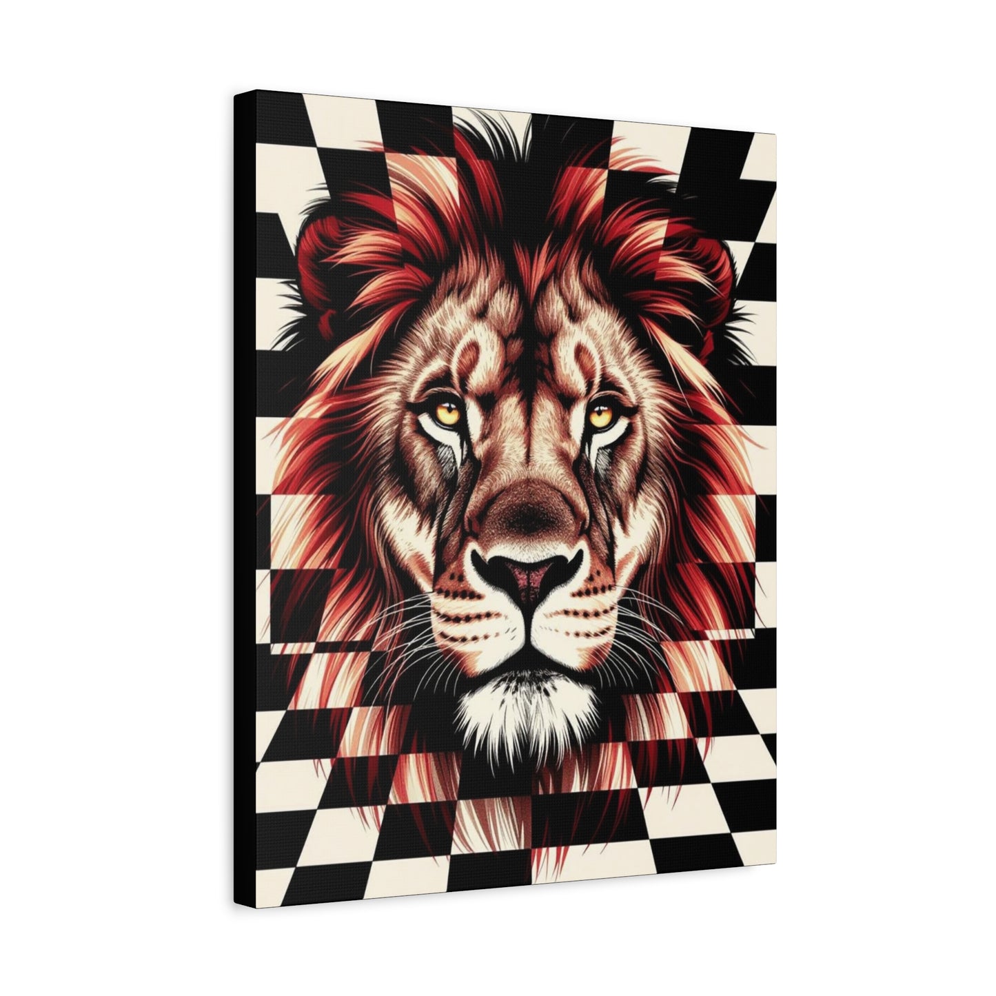 Lion Canvas Wall Art - Red Mane Checkered Design (8”-60” Sizes) Canvas Print