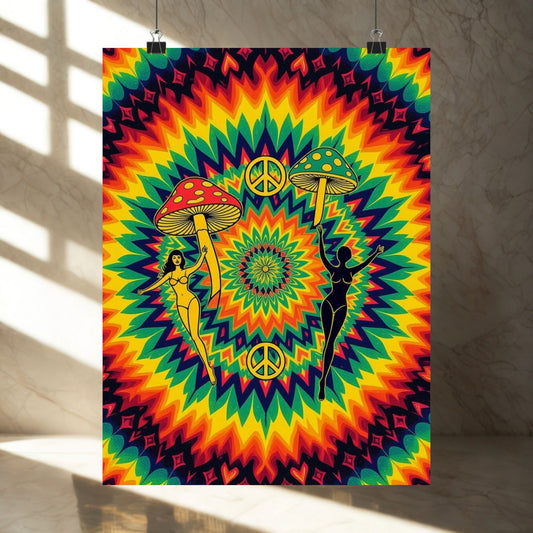 Psychedelic Vintage Matte Poster, Colorful Wall Art, Home Decor, Peace Sign Artwork, Boho Style Room Decor, Gift for Hippies