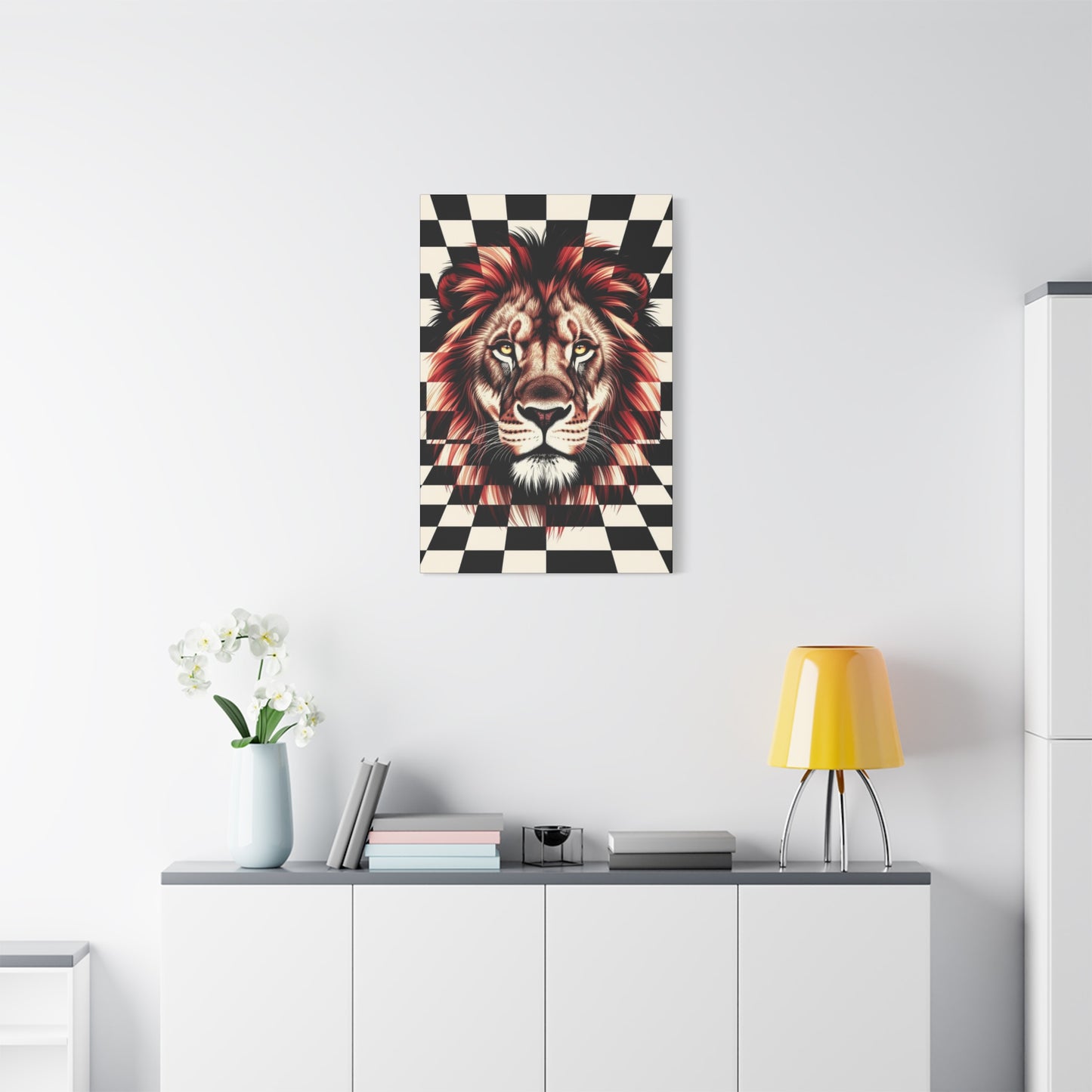Lion Canvas Wall Art - Red Mane Checkered Design (8”-60” Sizes) Canvas Print