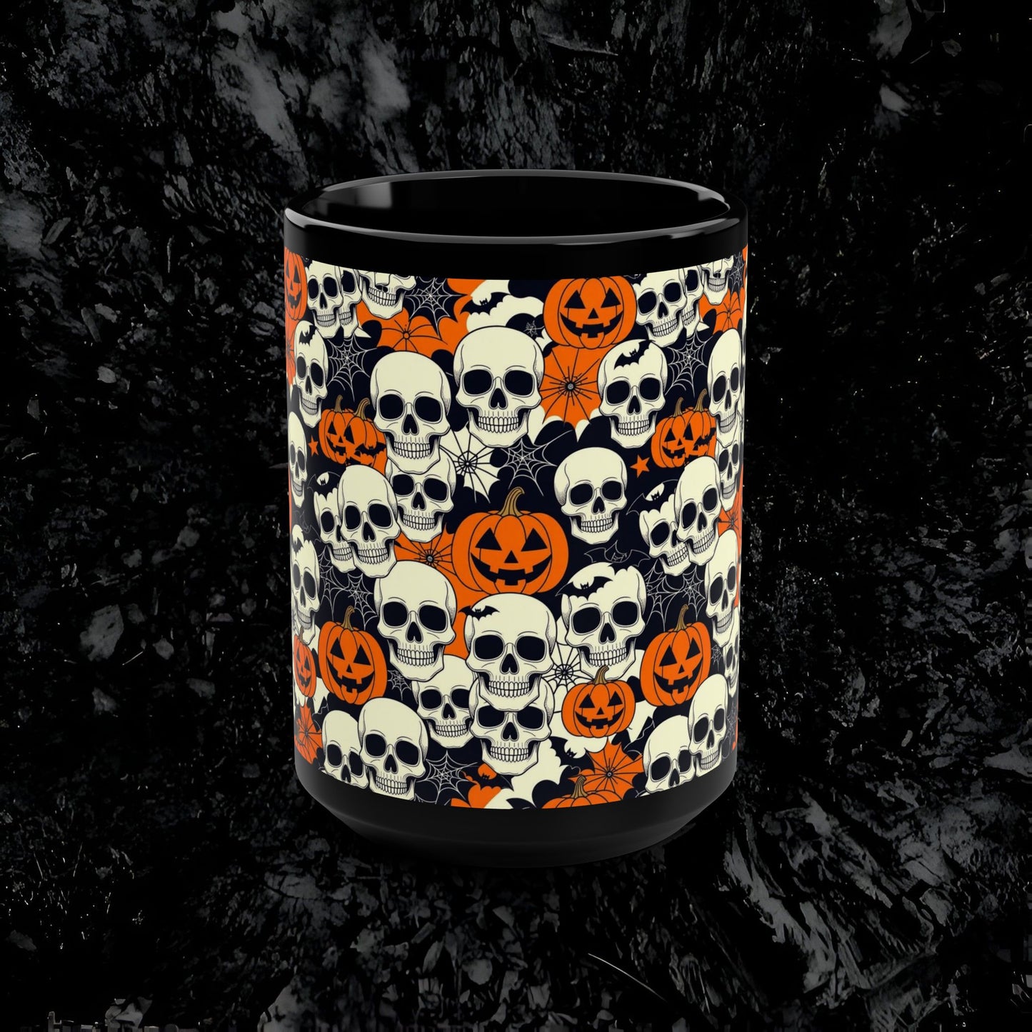 Halloween Mug, 15oz - Skulls Pumpkins Bats Black