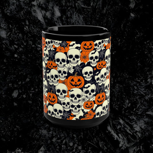 Halloween Mug, 15oz - Skulls Pumpkins Bats Black