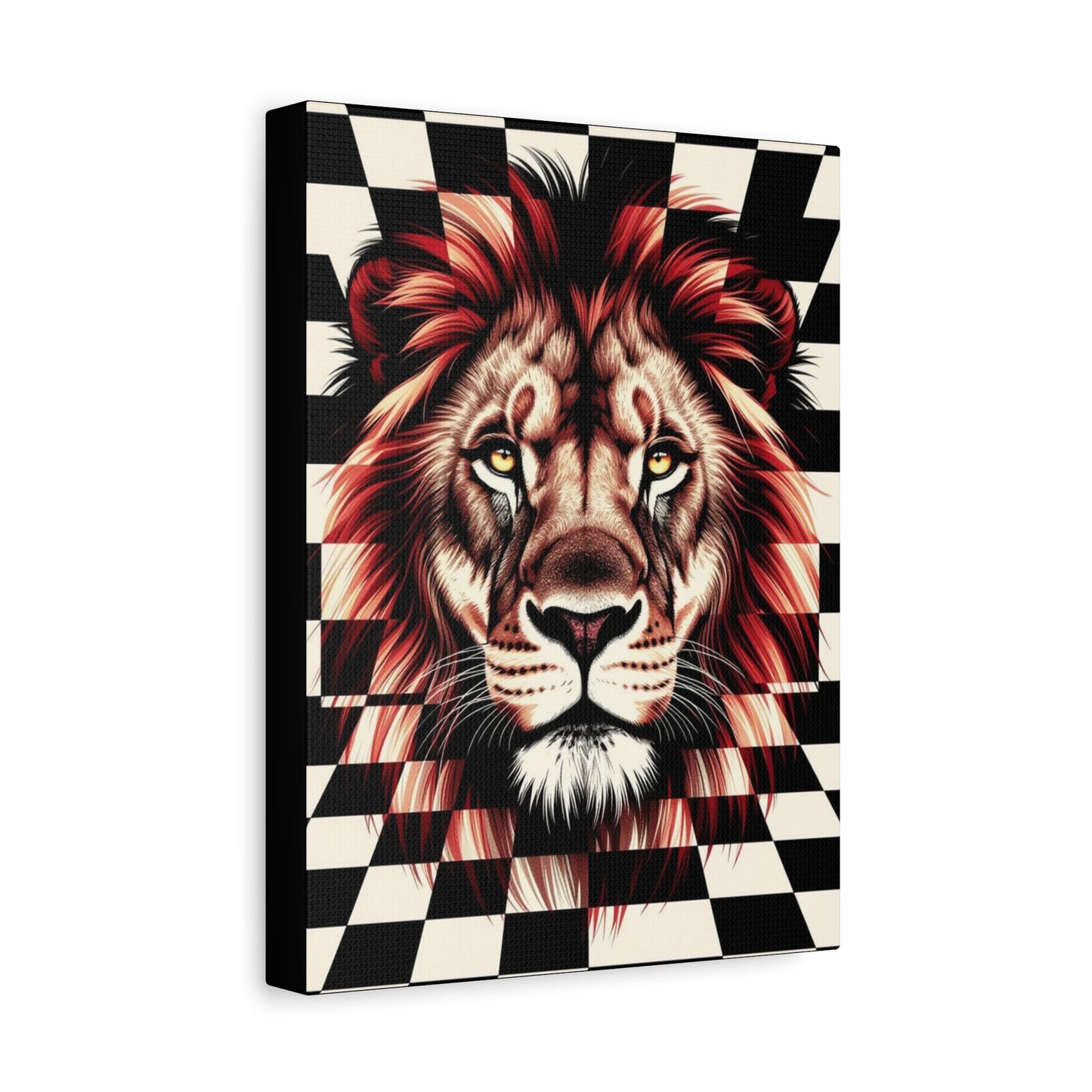 Lion Canvas Wall Art - Red Mane Checkered Design (8”-60” Sizes) Canvas Print