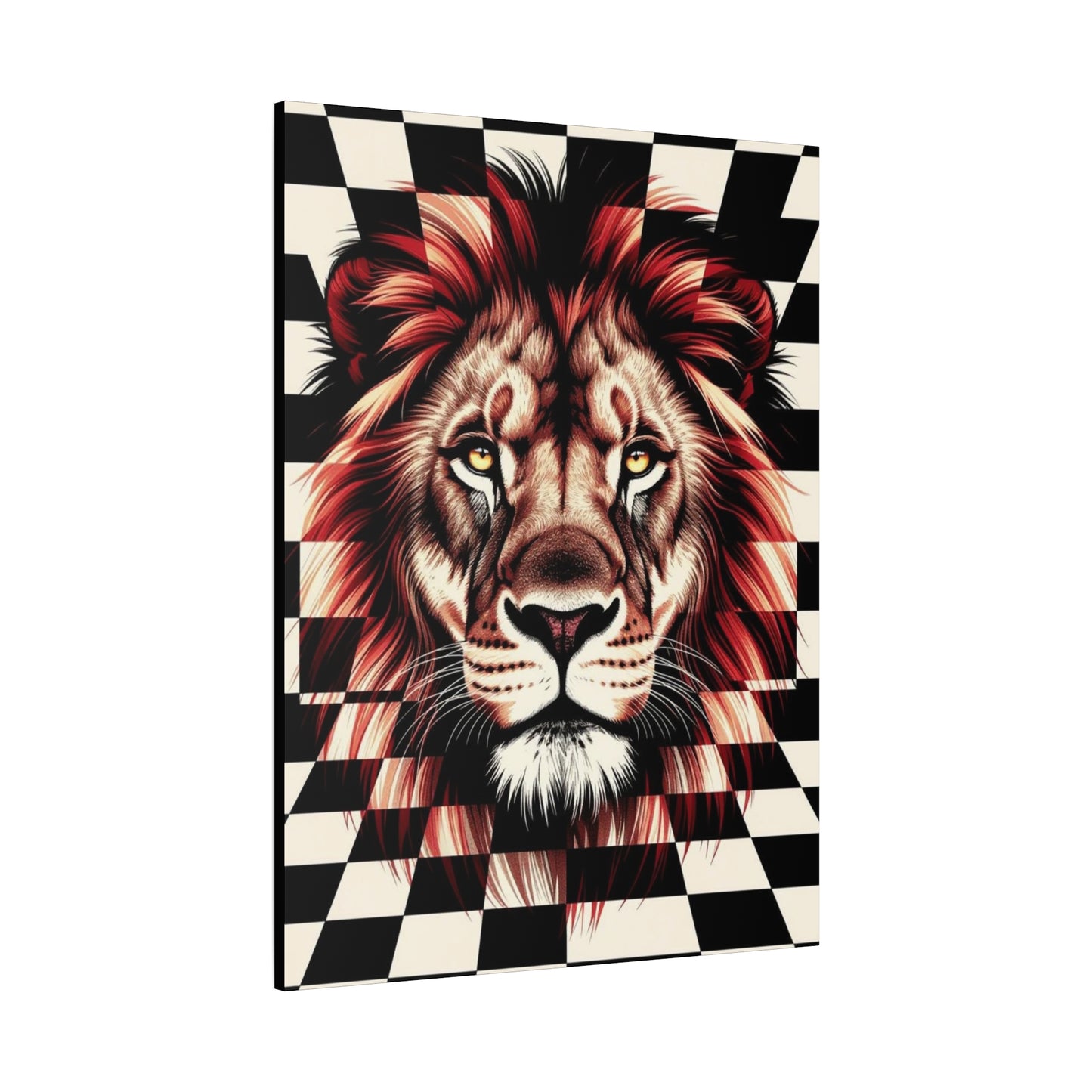 Lion Canvas Wall Art - Red Mane Checkered Design (8”-60” Sizes) Canvas Print