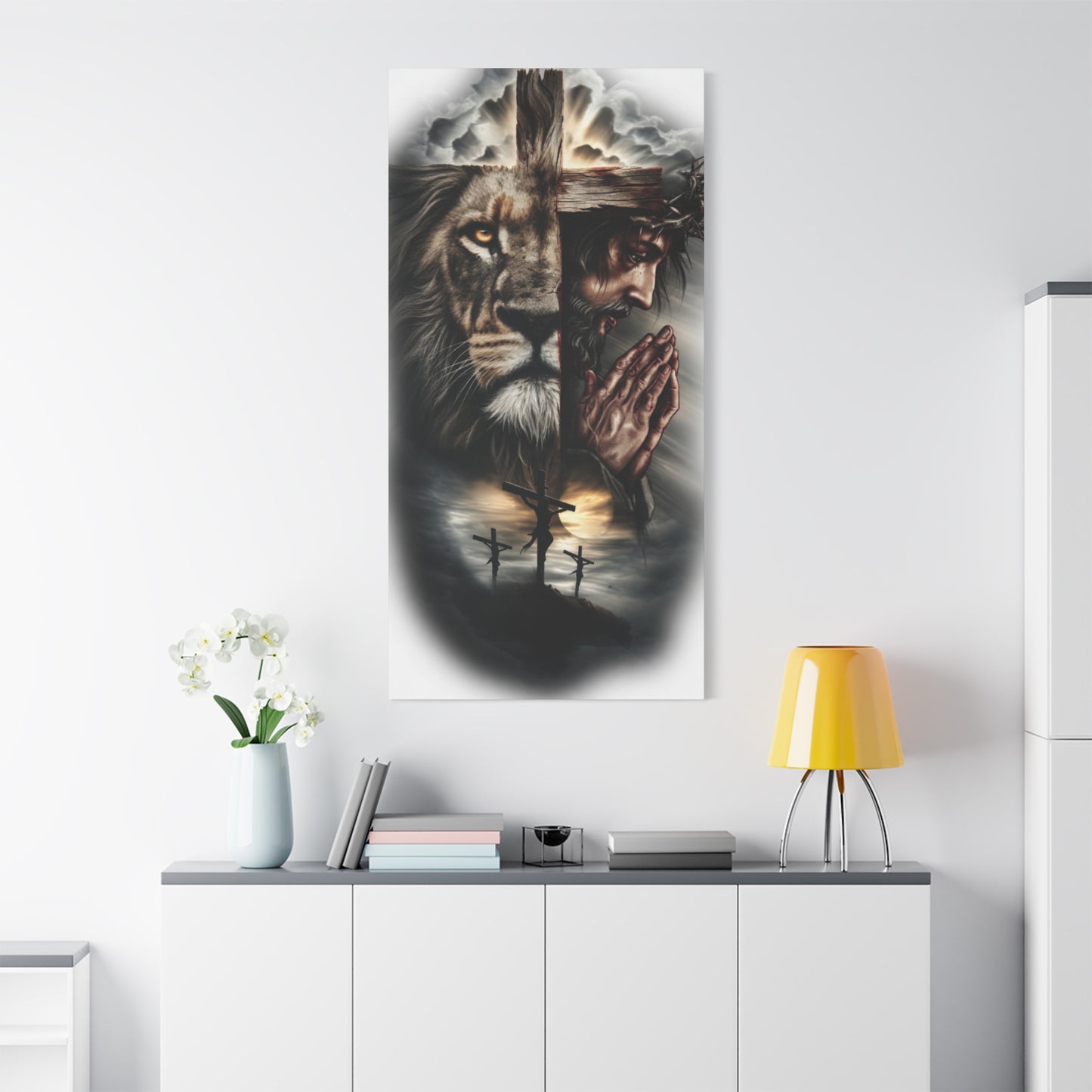 Christian Lion of Judah Canvas Wall Art – Jesus Praying Cross Triptych Matte Stretched