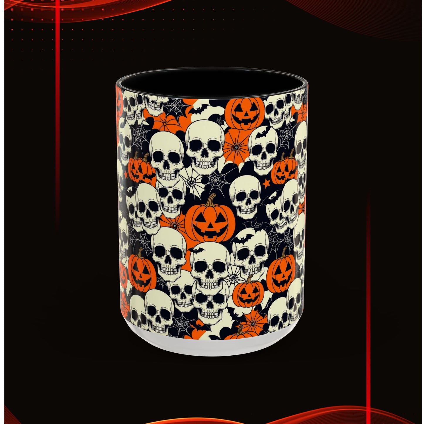 Halloween Skull Accent Coffee Mug (11, 15oz) - Spooky Gift, Witchy Decor, October Celebration, Unique Drinkware, Gothic Kitchen