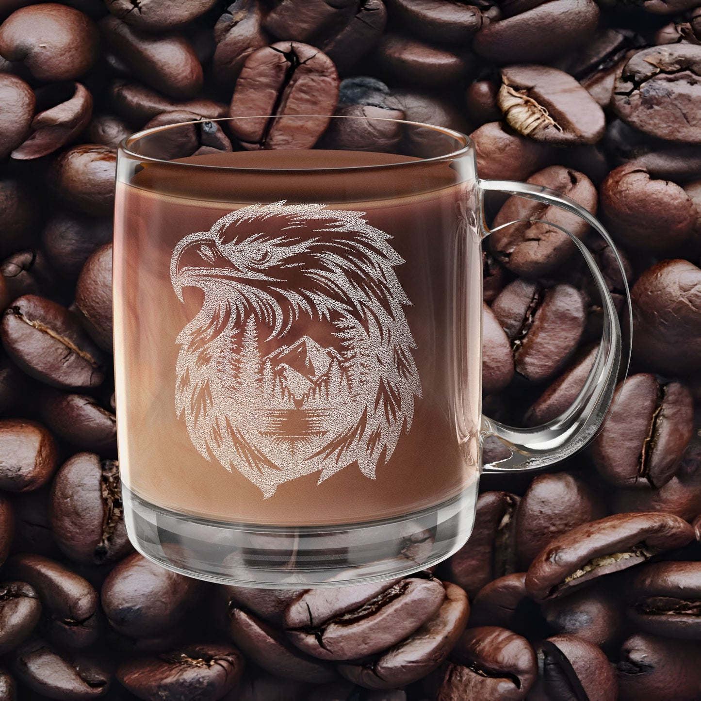 Engraved Glass Coffee Mug – Eagle & Mountain Wilderness Design | Dishwasher & Microwave Safe