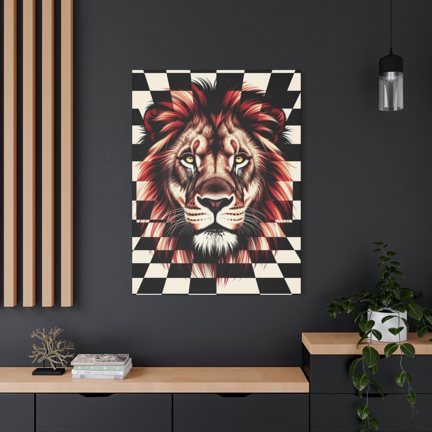 Lion Canvas Wall Art - Red Mane Checkered Design (8”-60” Sizes) Canvas Print