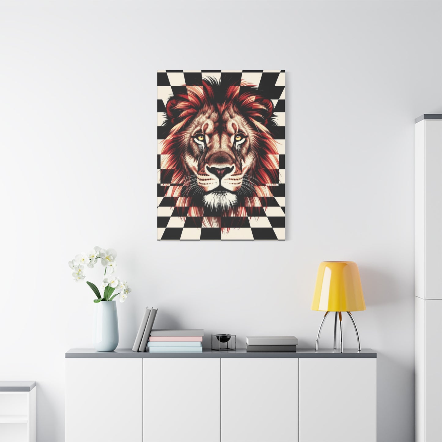 Lion Canvas Wall Art - Red Mane Checkered Design (8”-60” Sizes) Canvas Print