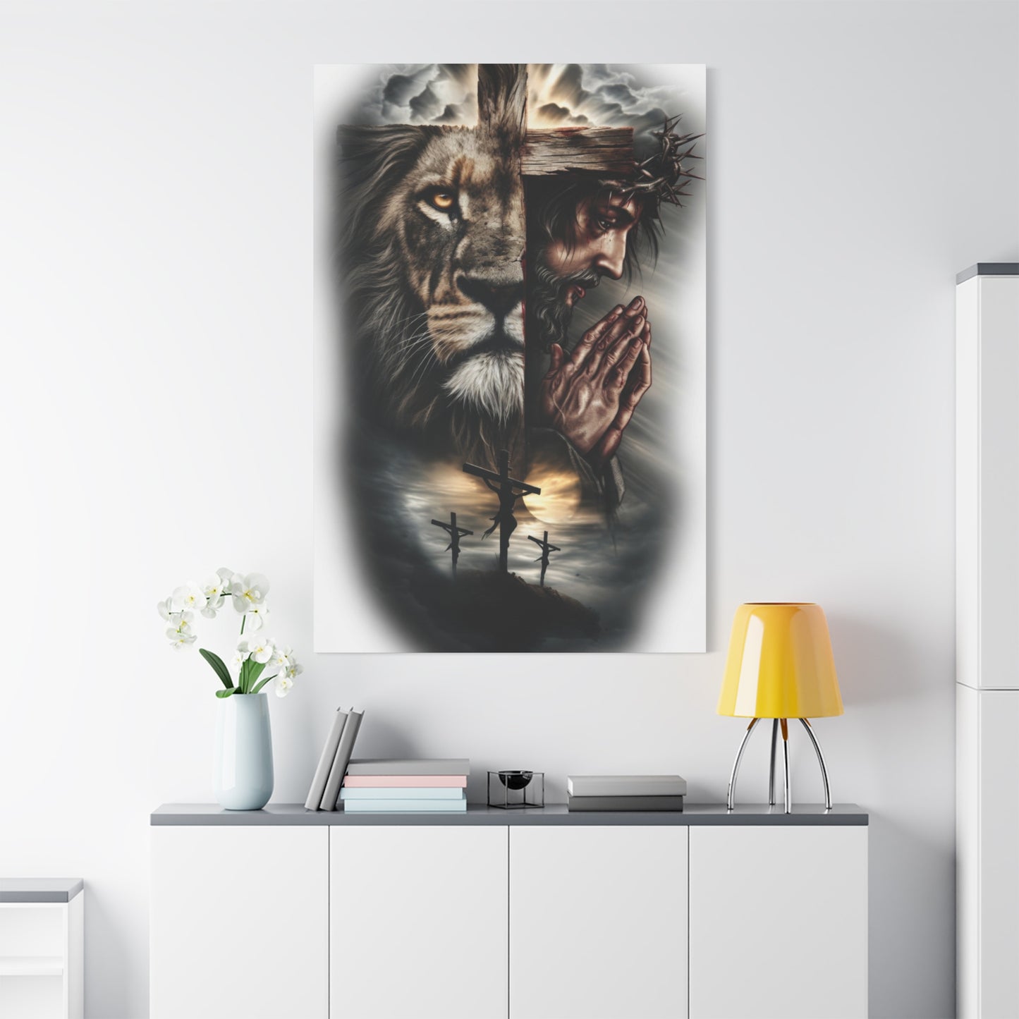 Christian Lion of Judah Canvas Wall Art – Jesus Praying Cross Triptych Matte Stretched
