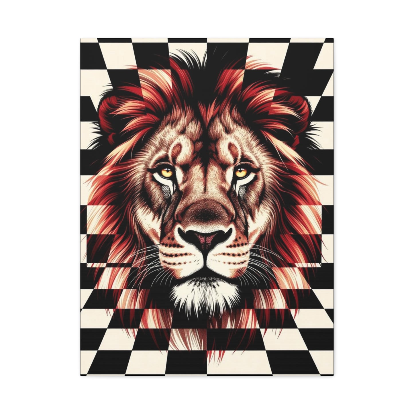 Lion Canvas Wall Art - Red Mane Checkered Design (8”-60” Sizes) Canvas Print