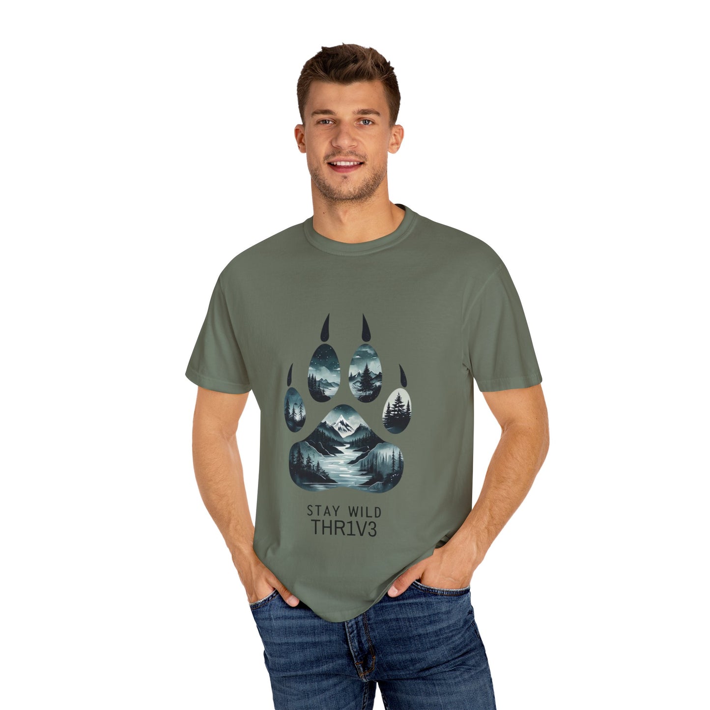 Mystic Wolf Paw Wilderness T-shirt -Night Landscape Graphic Tee, Nature Adventure Apparel for Hikers & Outdoor Lovers - Ethereal Mountain Print