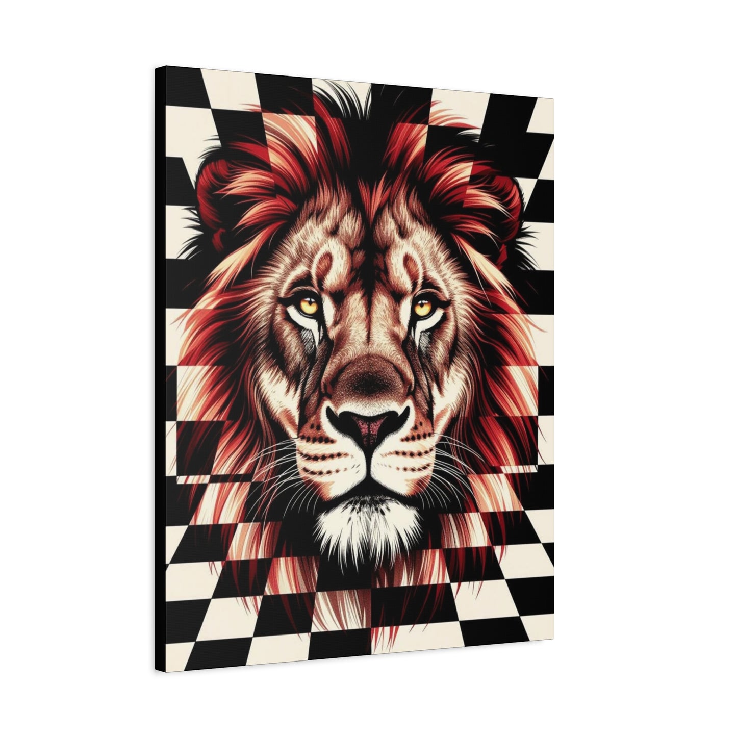 Lion Canvas Wall Art - Red Mane Checkered Design (8”-60” Sizes) Canvas Print