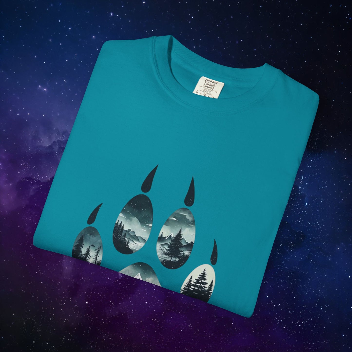 Mystic Wolf Paw Wilderness T-shirt -Night Landscape Graphic Tee, Nature Adventure Apparel for Hikers & Outdoor Lovers - Ethereal Mountain Print