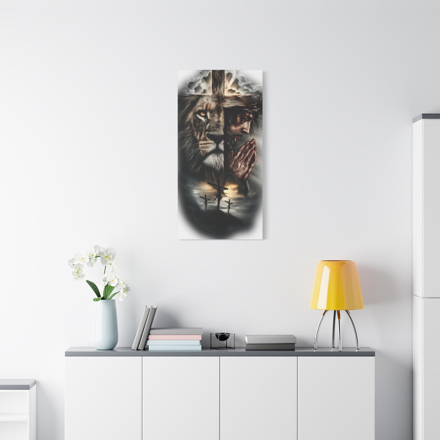 Christian Lion of Judah Canvas Wall Art – Jesus Praying Cross Triptych Matte Stretched