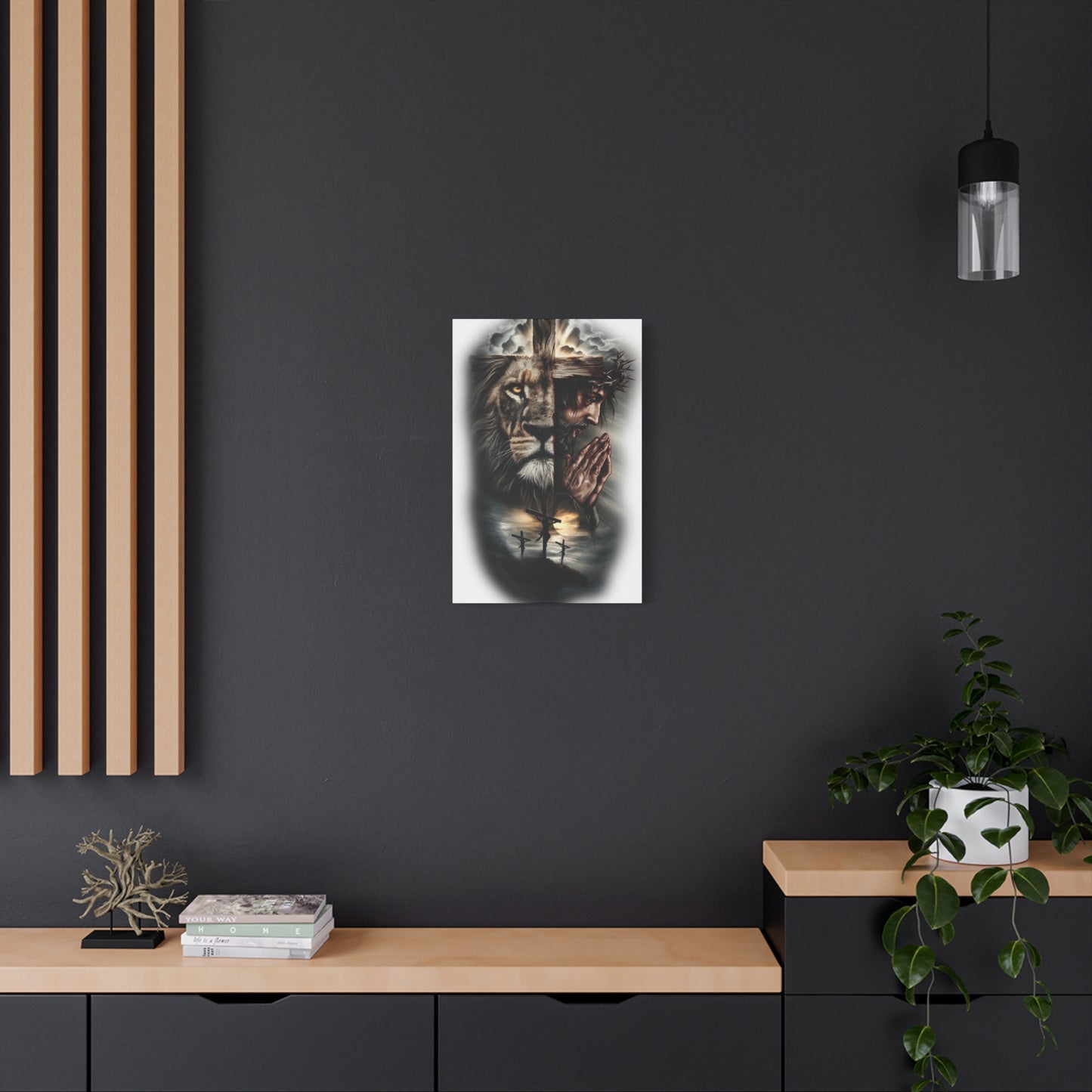 Christian Lion of Judah Canvas Wall Art – Jesus Praying Cross Triptych Matte Stretched