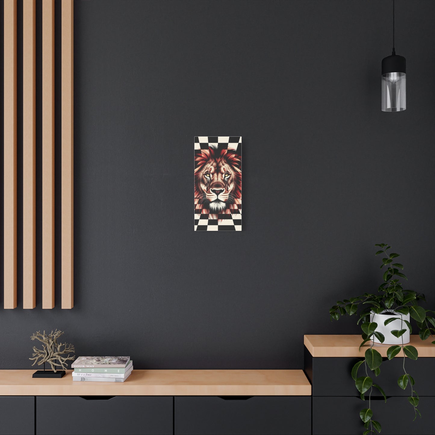 Lion Canvas Wall Art - Red Mane Checkered Design (8”-60” Sizes) Canvas Print