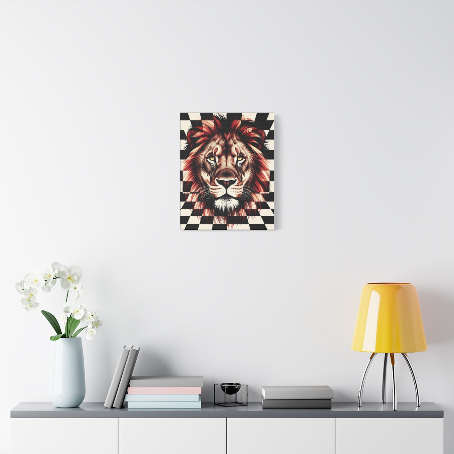 Lion Canvas Wall Art - Red Mane Checkered Design (8”-60” Sizes) Canvas Print