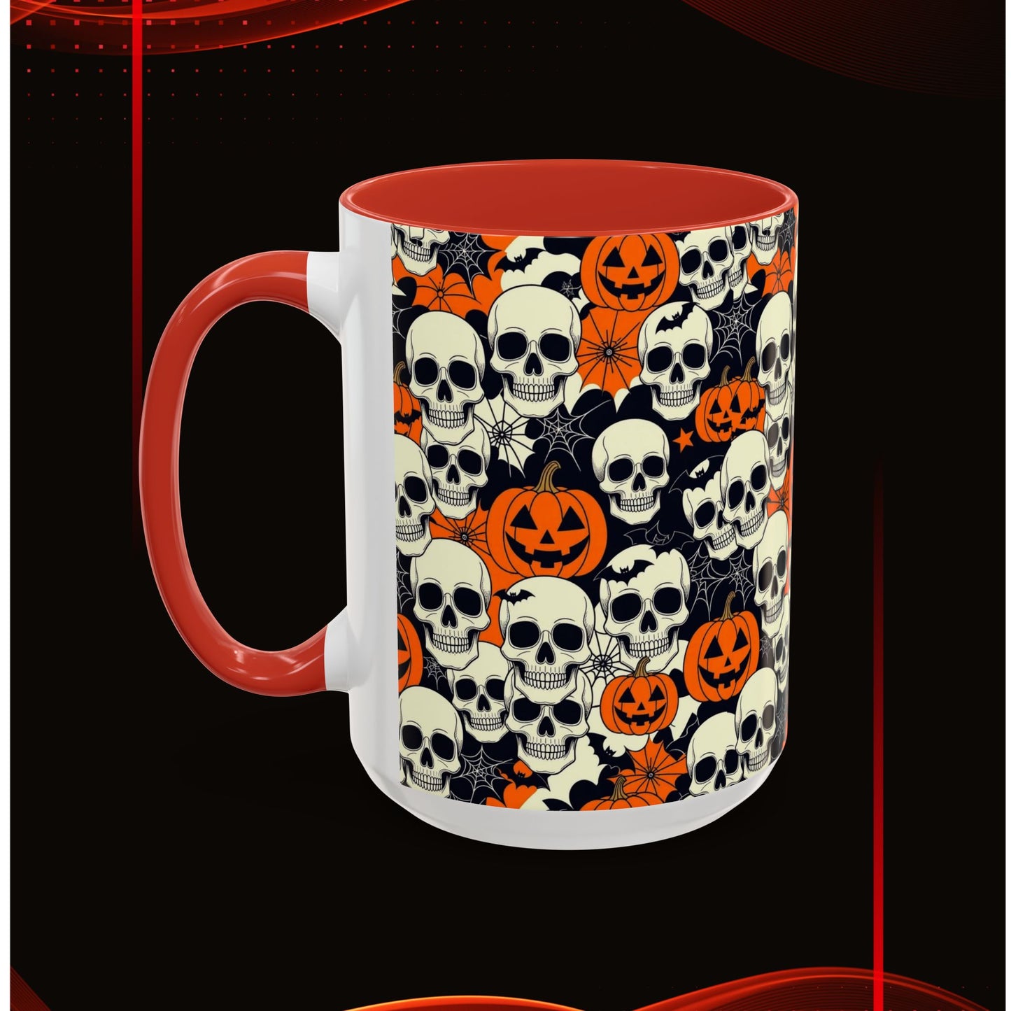 Halloween Skull Accent Coffee Mug (11, 15oz) - Spooky Gift, Witchy Decor, October Celebration, Unique Drinkware, Gothic Kitchen