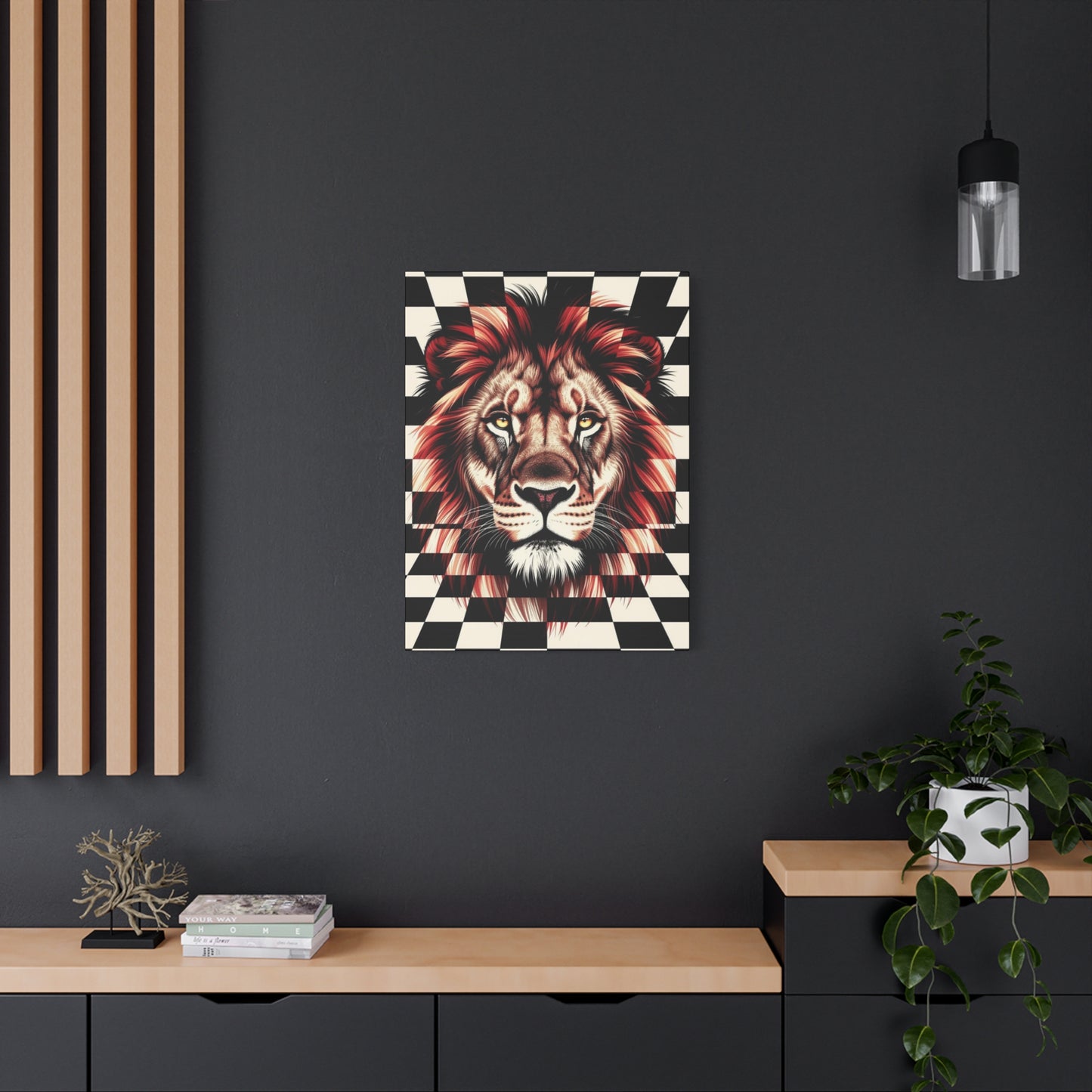 Lion Canvas Wall Art - Red Mane Checkered Design (8”-60” Sizes) Canvas Print