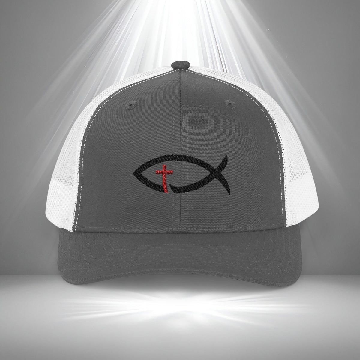 Christian Ichthys Fish Snapback Trucker Cap — Cross Embroidered Faith Hat