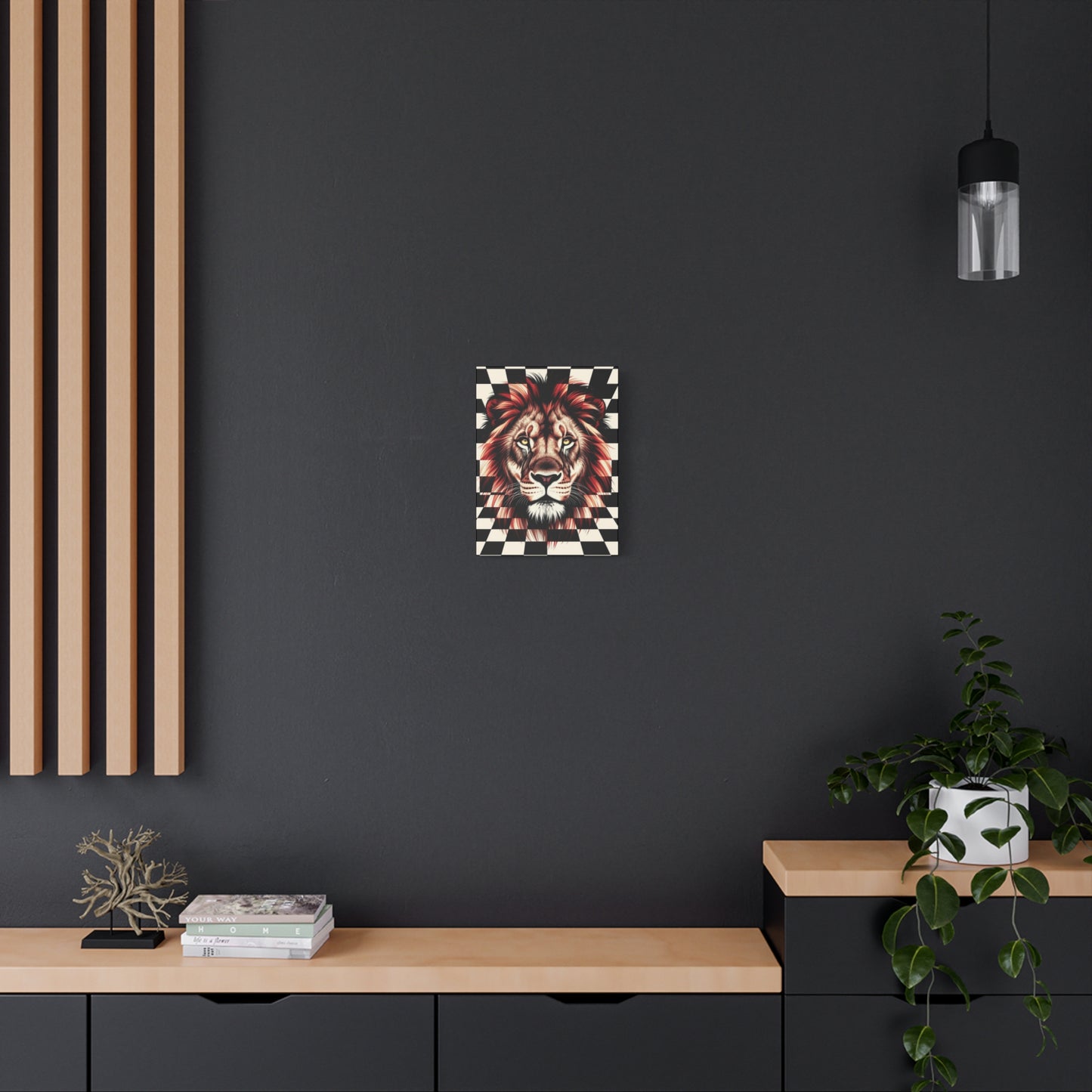 Lion Canvas Wall Art - Red Mane Checkered Design (8”-60” Sizes) Canvas Print
