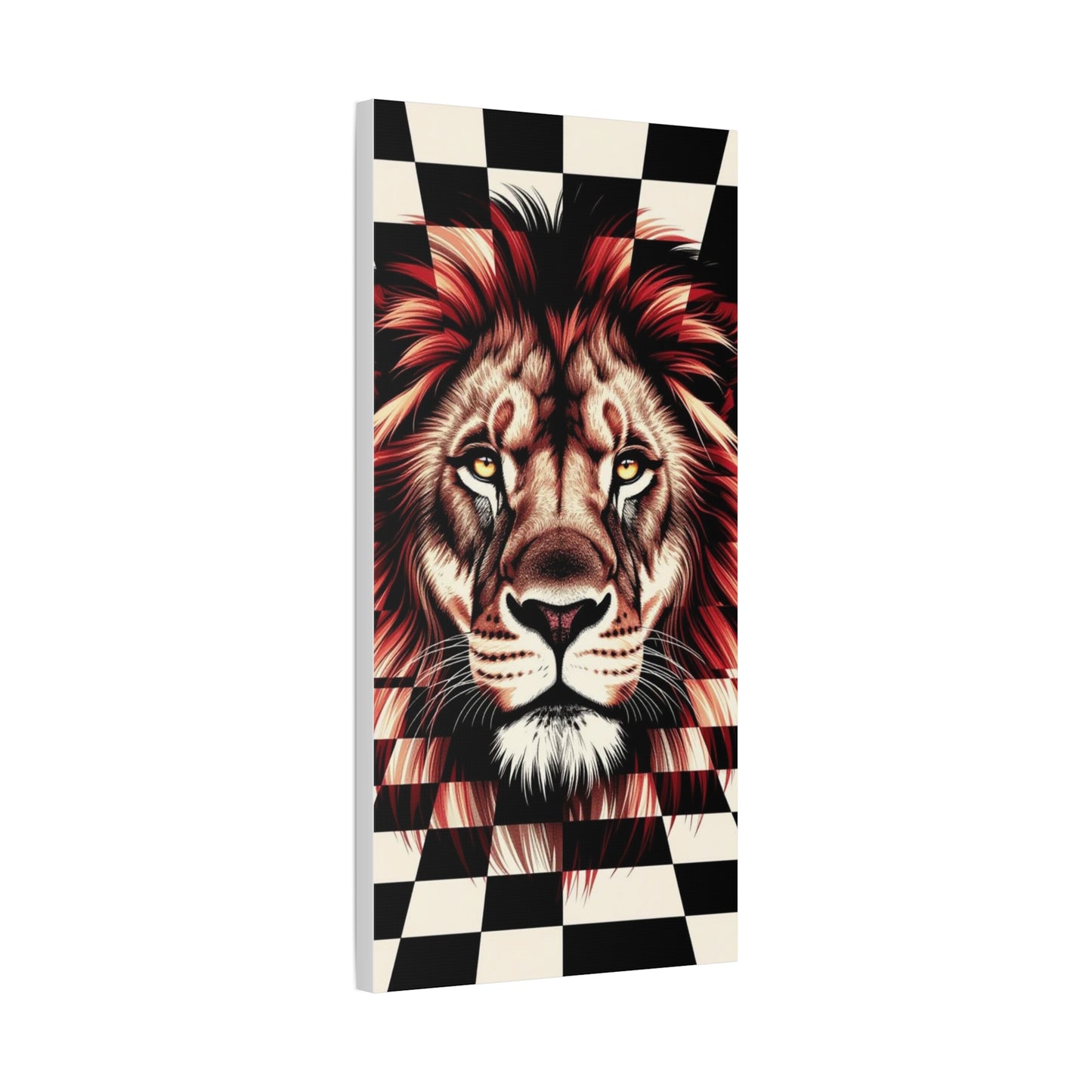 Lion Canvas Wall Art - Red Mane Checkered Design (8”-60” Sizes) Canvas Print