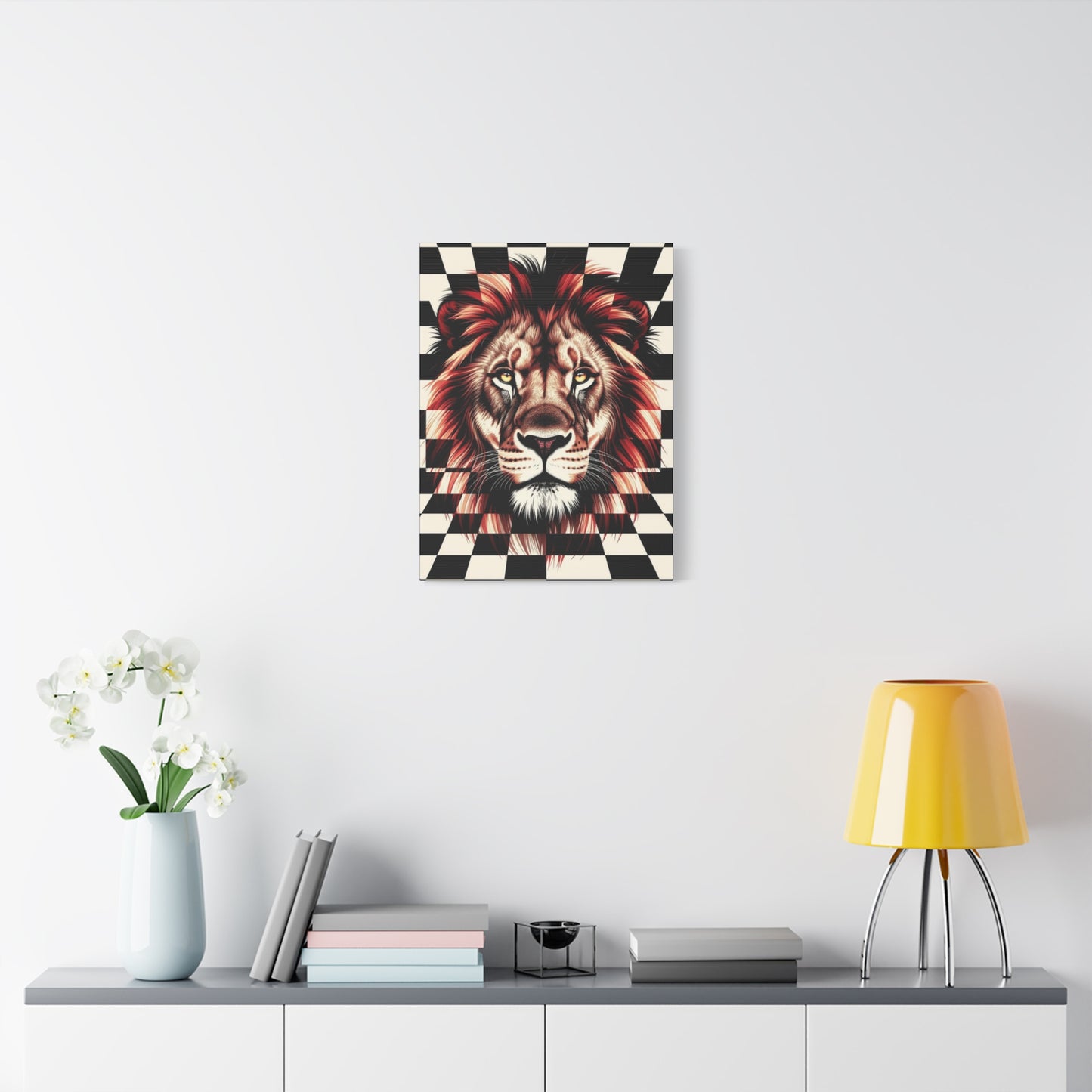 Lion Canvas Wall Art - Red Mane Checkered Design (8”-60” Sizes) Canvas Print