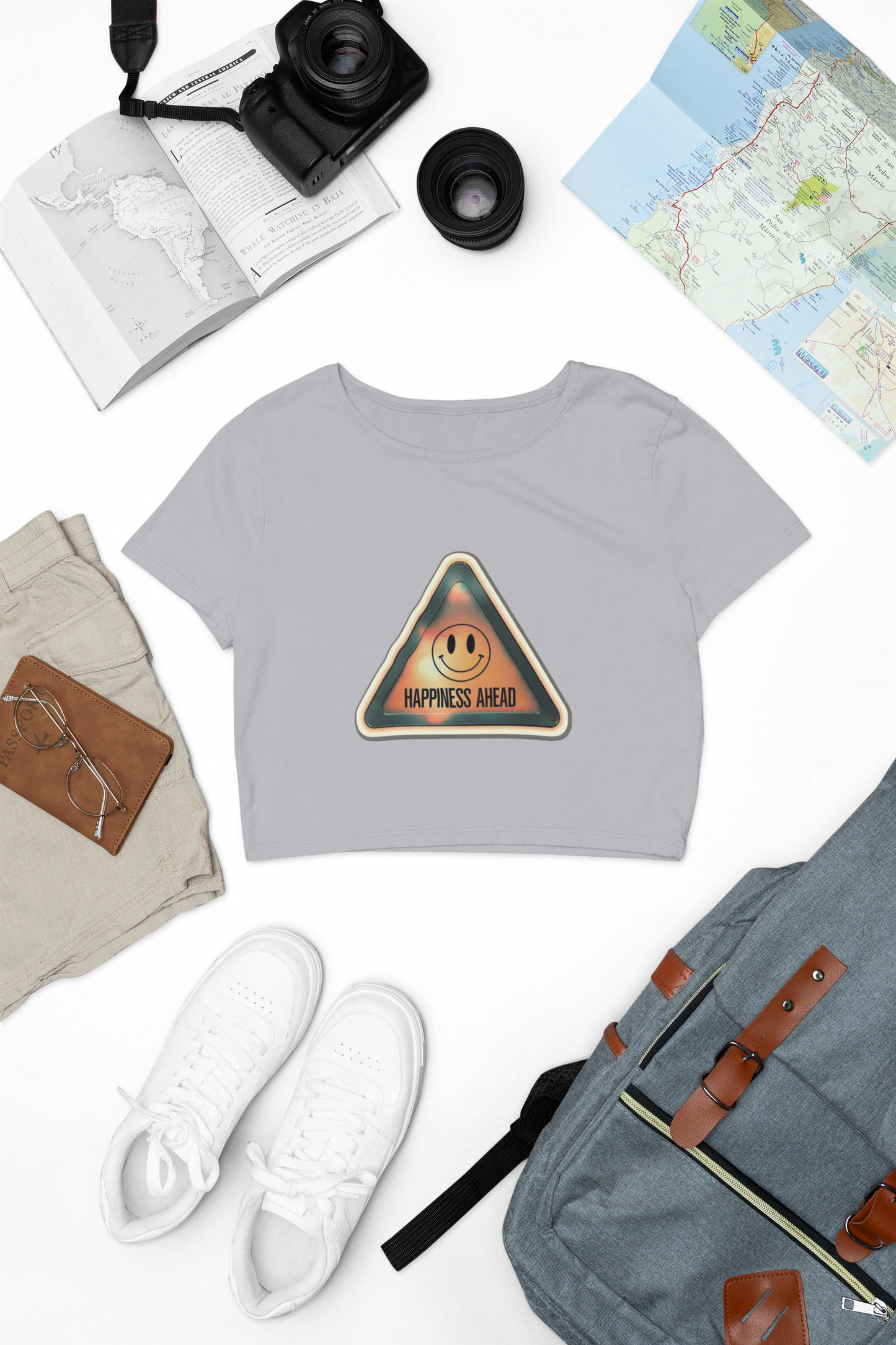 Cropped T-Shirt with Happiness Ahead Design, Casual Top, Everyday Wear, Gift for Friends, Positive Vibes