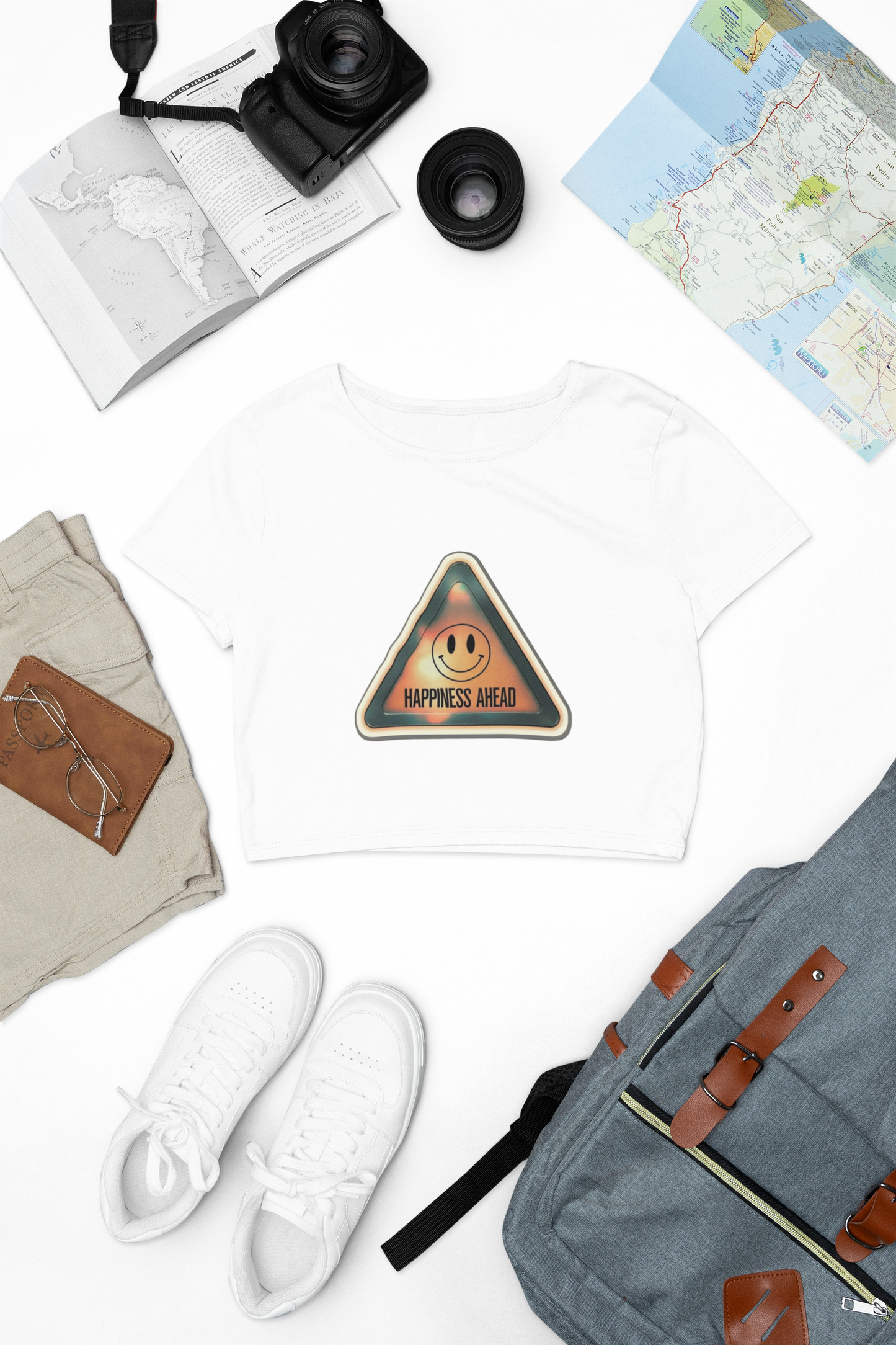 Cropped T-Shirt with Happiness Ahead Design, Casual Top, Everyday Wear, Gift for Friends, Positive Vibes
