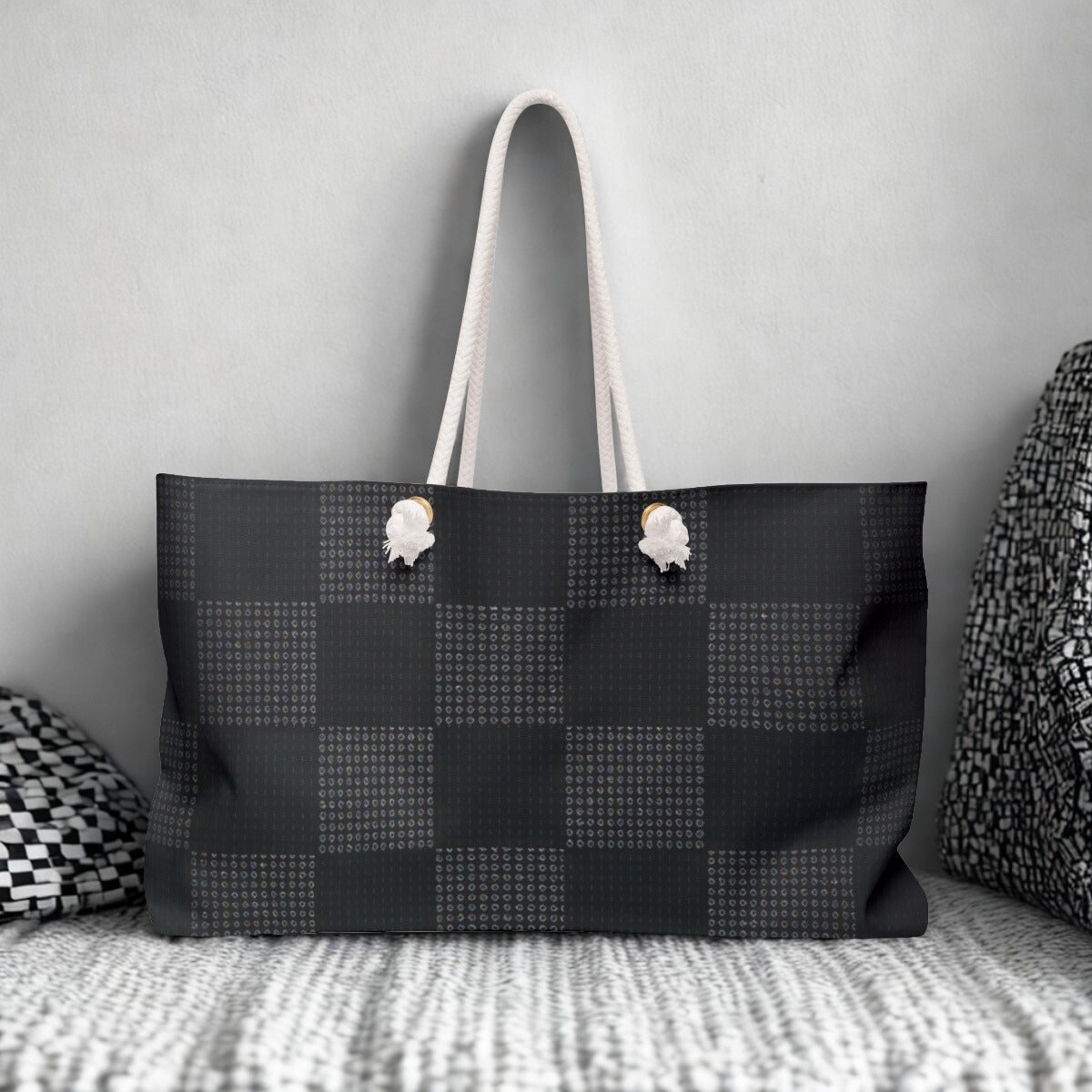 Tote Bag - Sleek Black Checkered Pattern with Dotted Accents