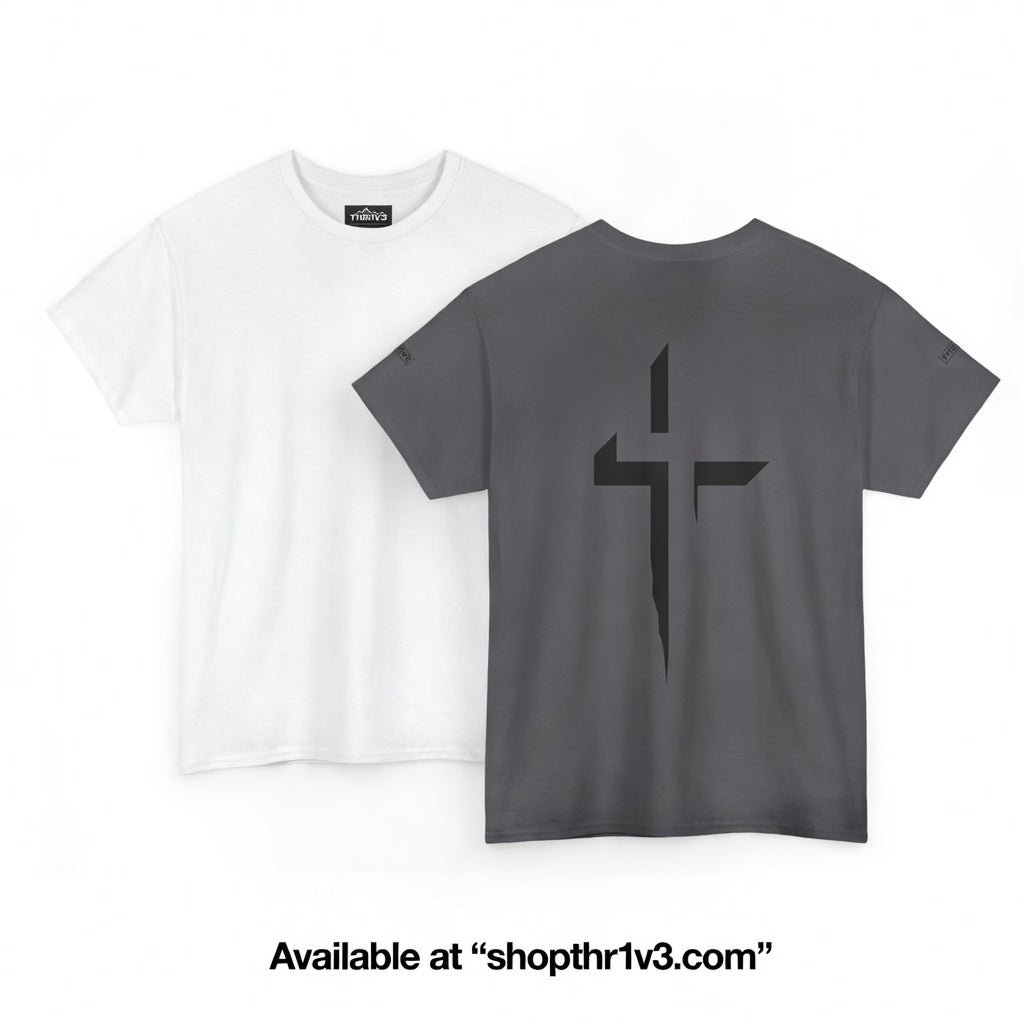 Minimalist Cross Graphic Tee — Small Chest Logo & Large Back Cross