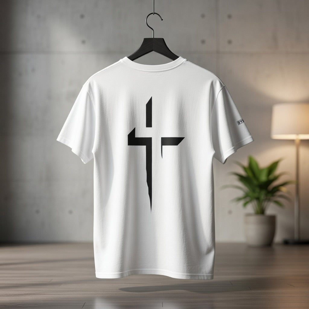 Minimalist Cross Graphic Tee — Small Chest Logo & Large Back Cross