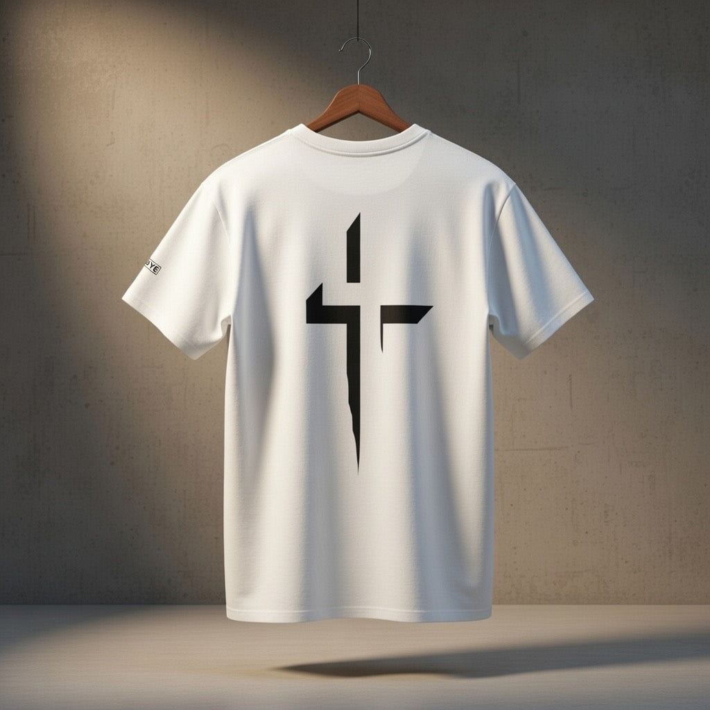 Minimalist Cross Graphic Tee — Small Chest Logo & Large Back Cross