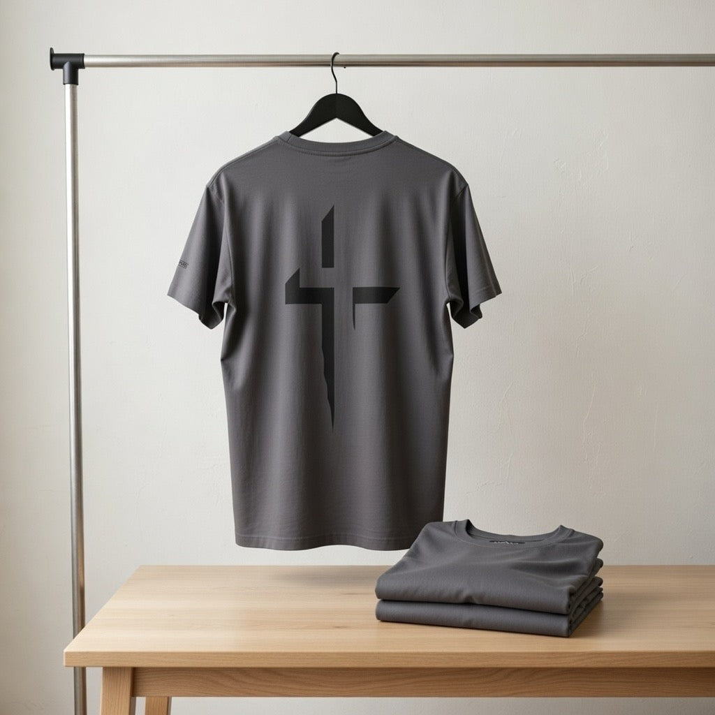 Minimalist Cross Graphic Tee — Small Chest Logo & Large Back Cross