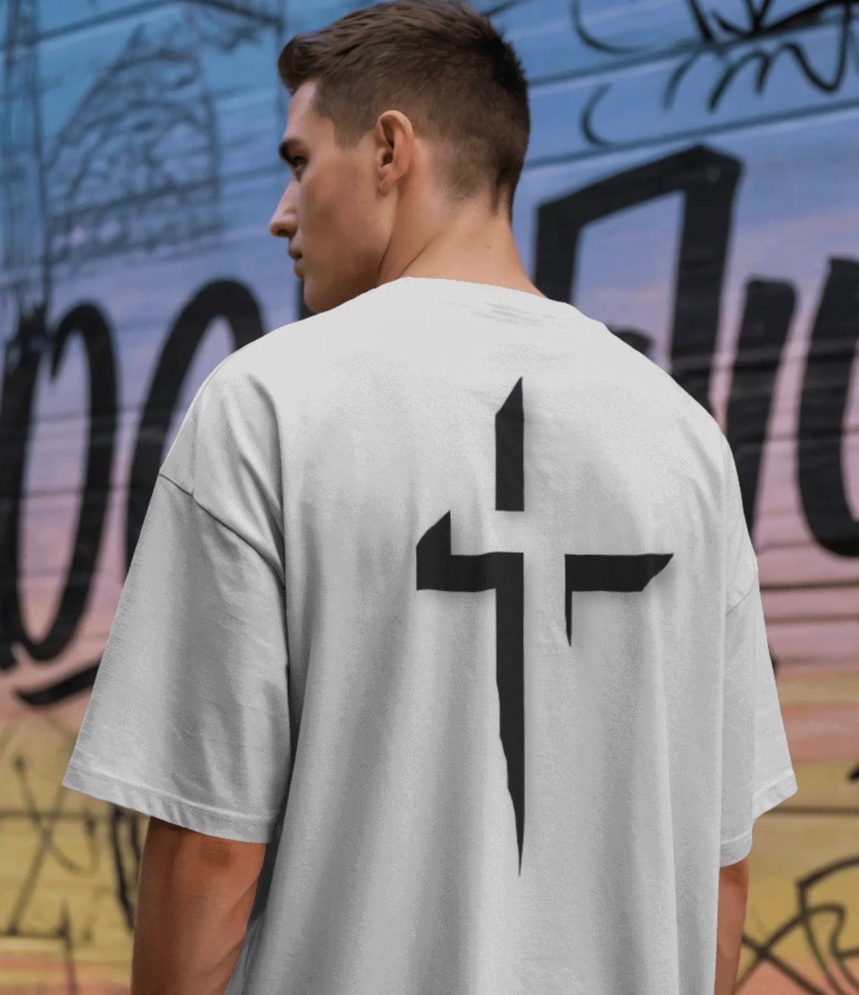 Minimalist Cross Graphic Tee — Small Chest Logo & Large Back Cross