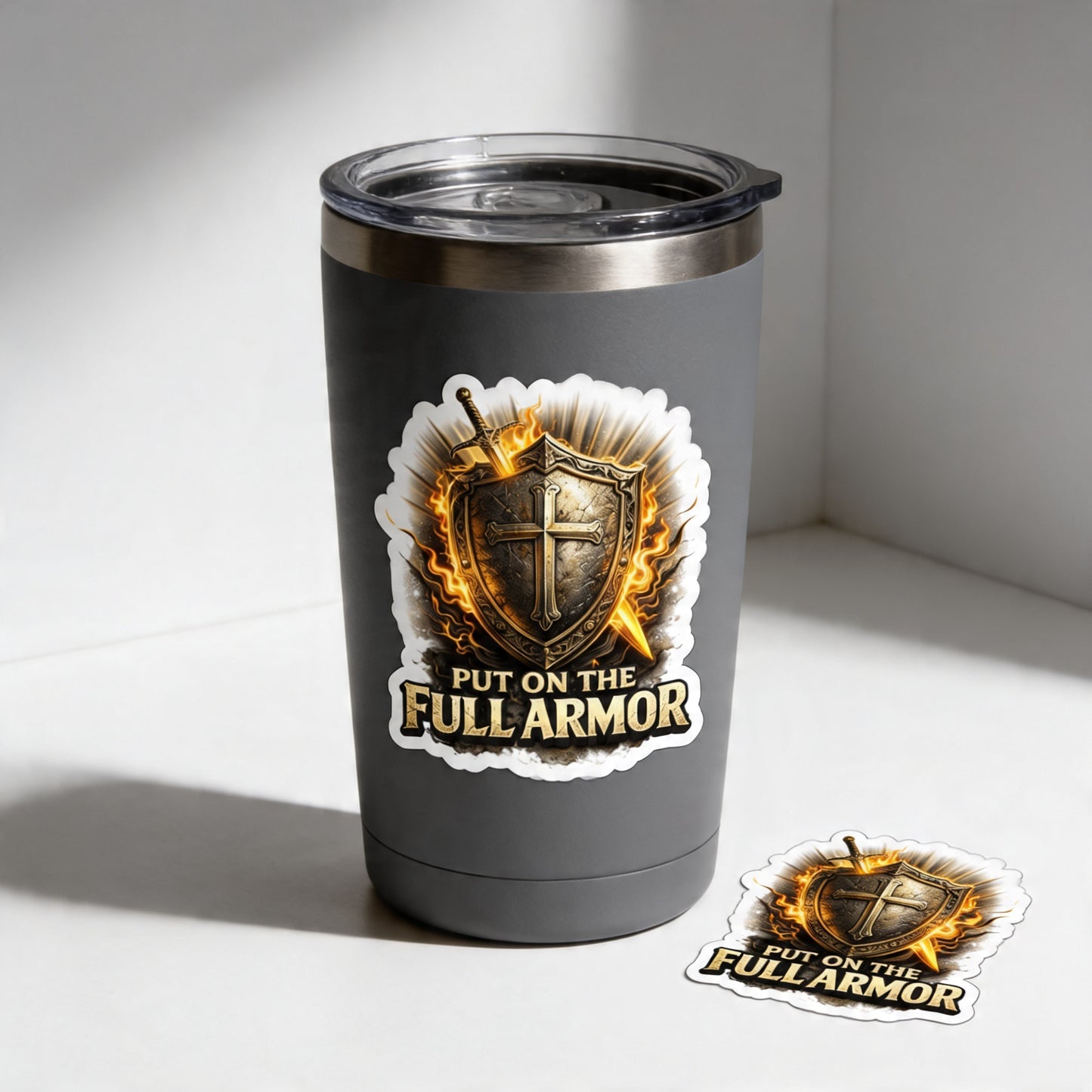 Die-Cut Sticker — “Put On The Full Armor” Christian Shield & Sword Faith Sticker