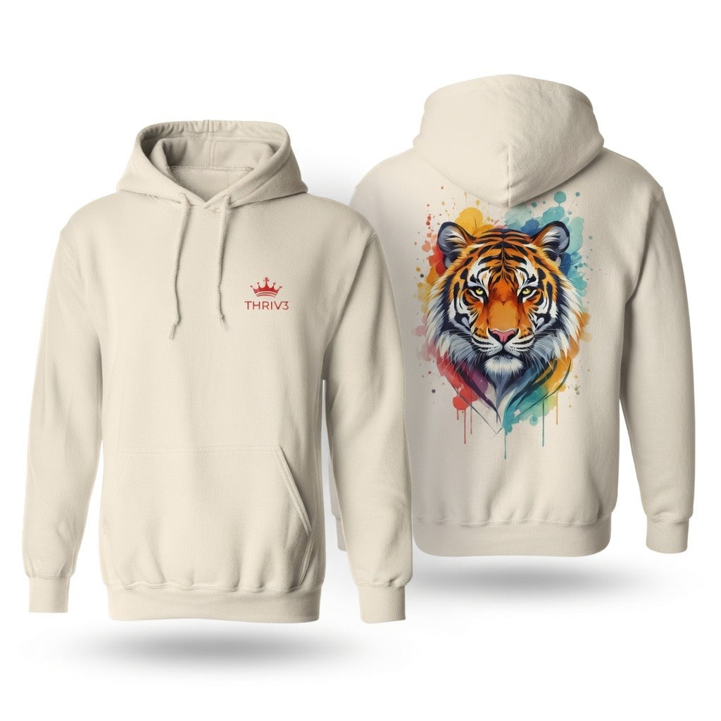 Tiger Watercolor Hoodie — Colorful Drip Animal Graphic Fleece Hoodie