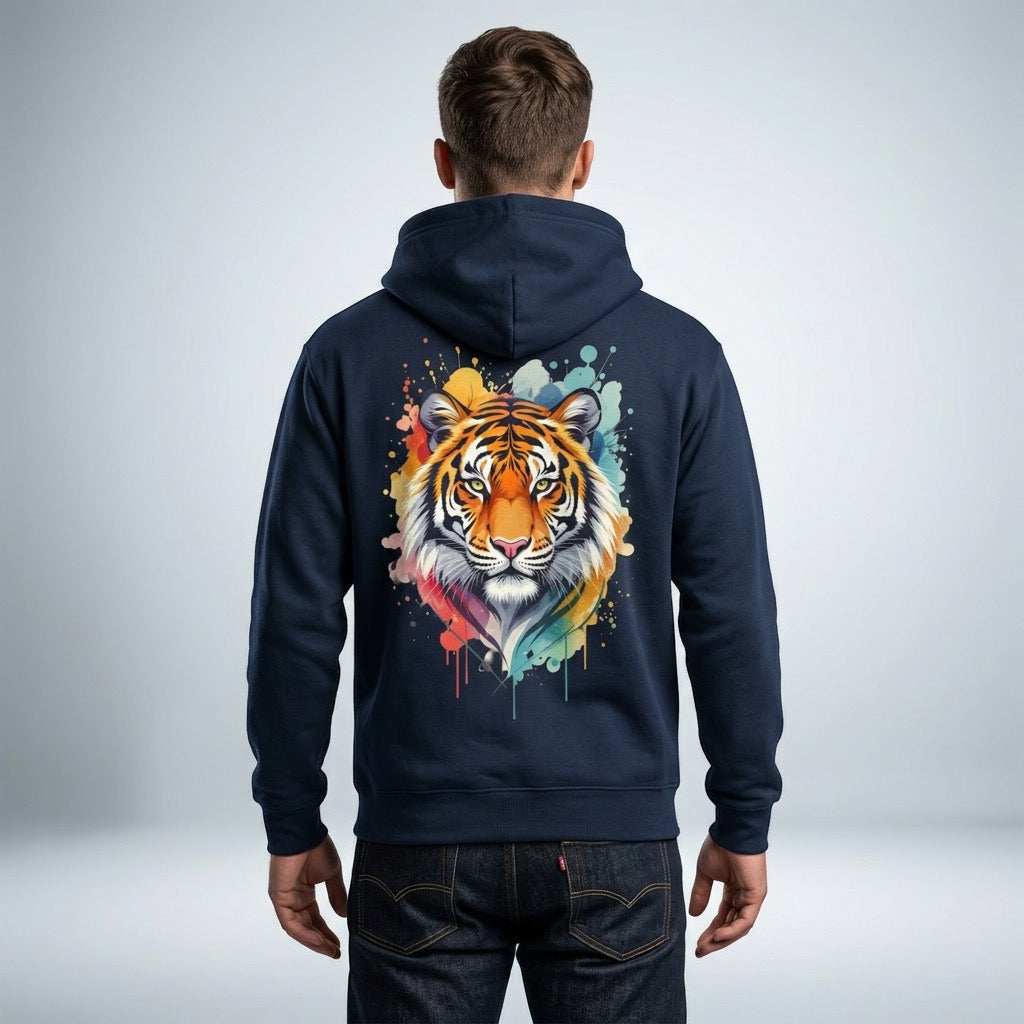 Tiger Watercolor Hoodie — Colorful Drip Animal Graphic Fleece Hoodie