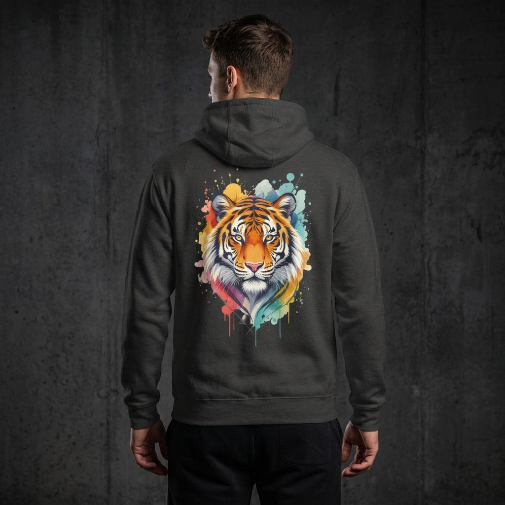 Tiger Watercolor Hoodie — Colorful Drip Animal Graphic Fleece Hoodie