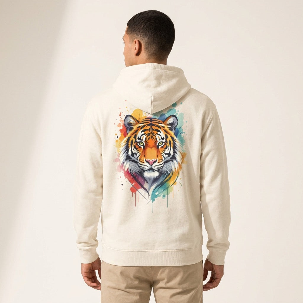 Tiger Watercolor Hoodie — Colorful Drip Animal Graphic Fleece Hoodie