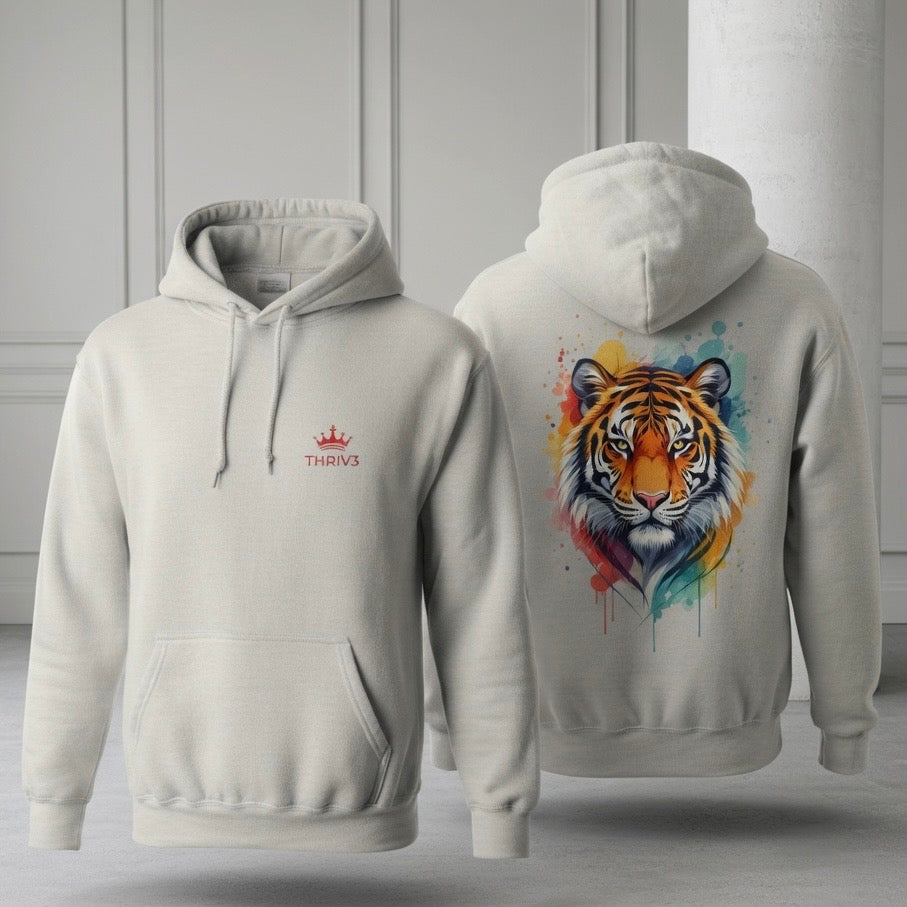 Tiger Watercolor Hoodie — Colorful Drip Animal Graphic Fleece Hoodie