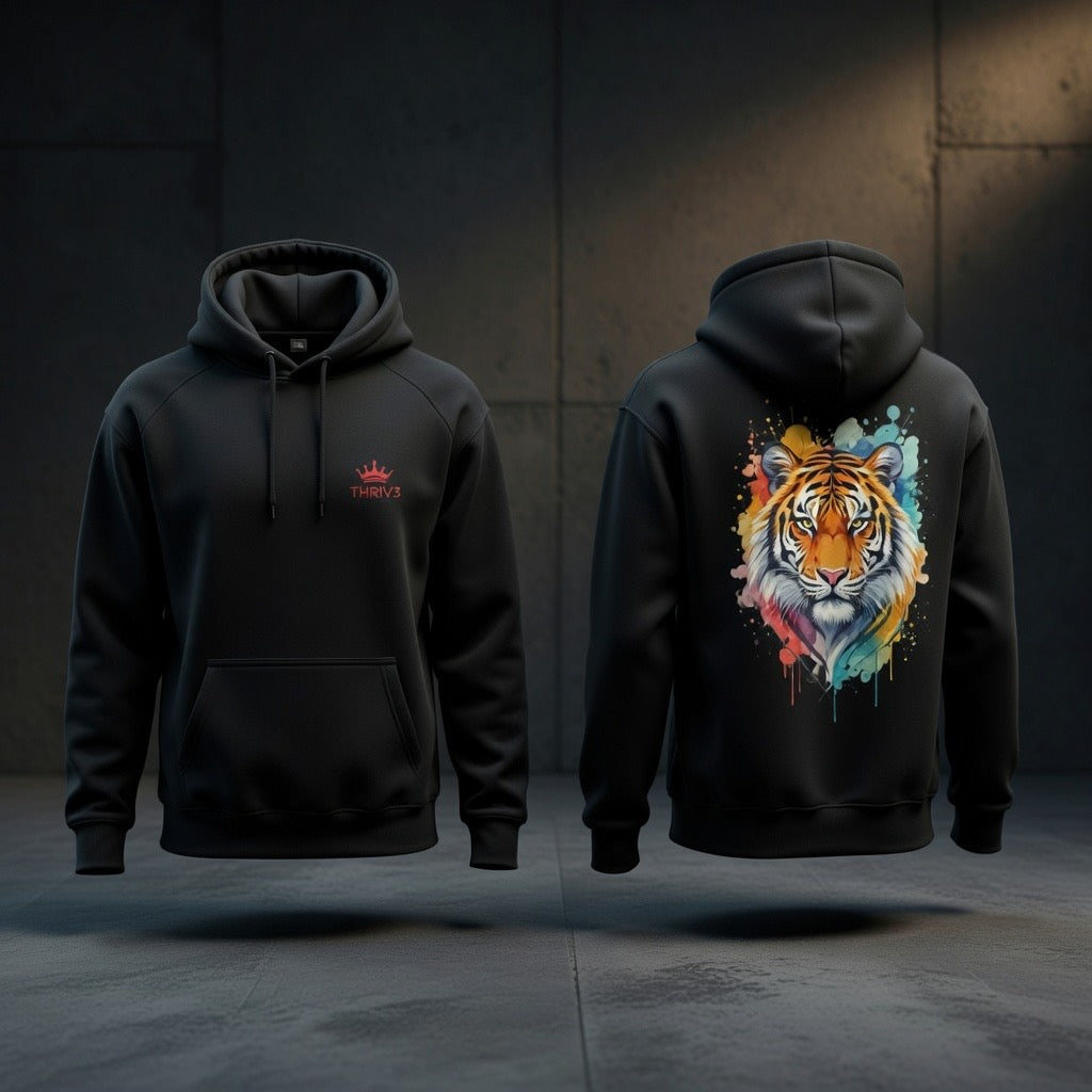 Tiger Watercolor Hoodie — Colorful Drip Animal Graphic Fleece Hoodie