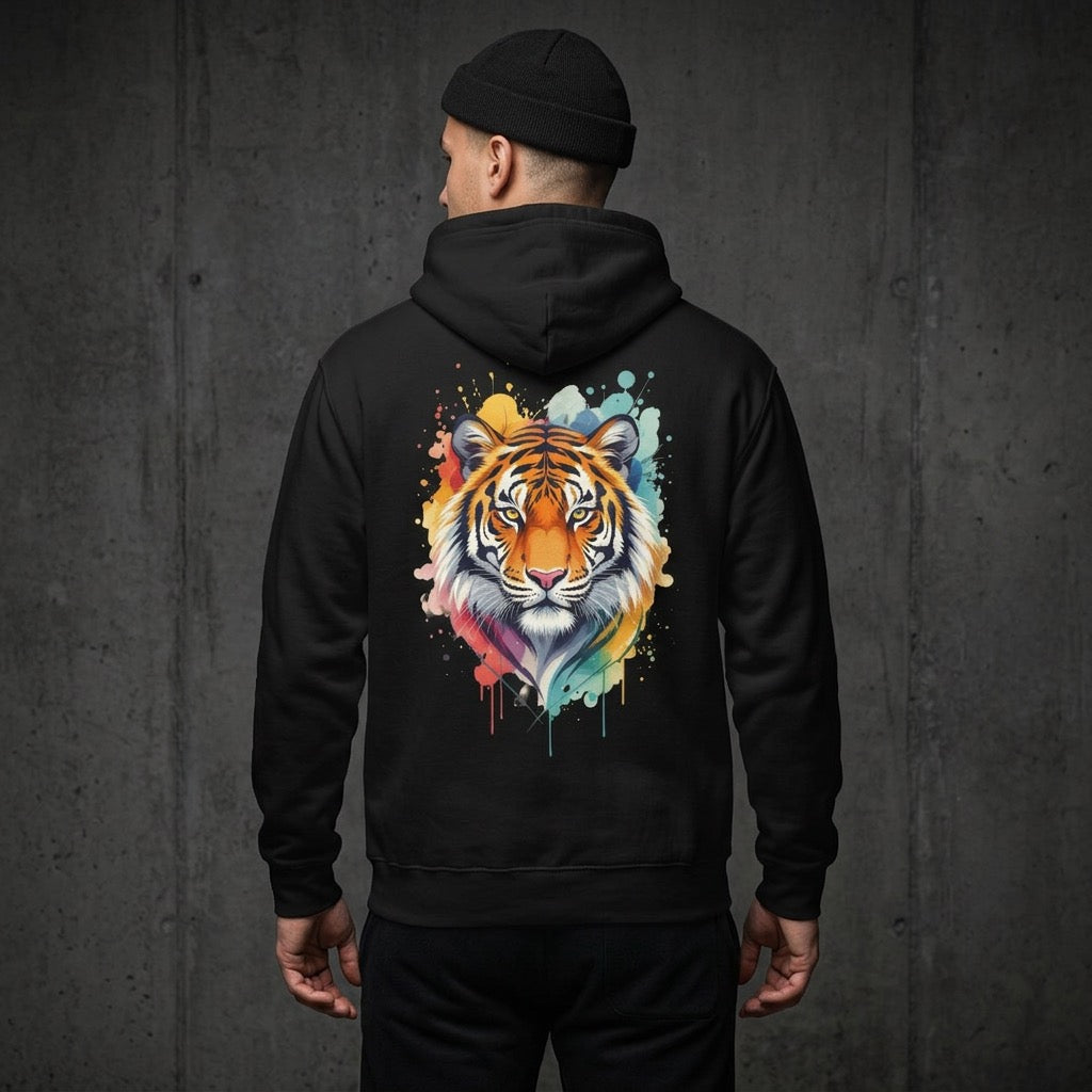 Tiger Watercolor Hoodie — Colorful Drip Animal Graphic Fleece Hoodie