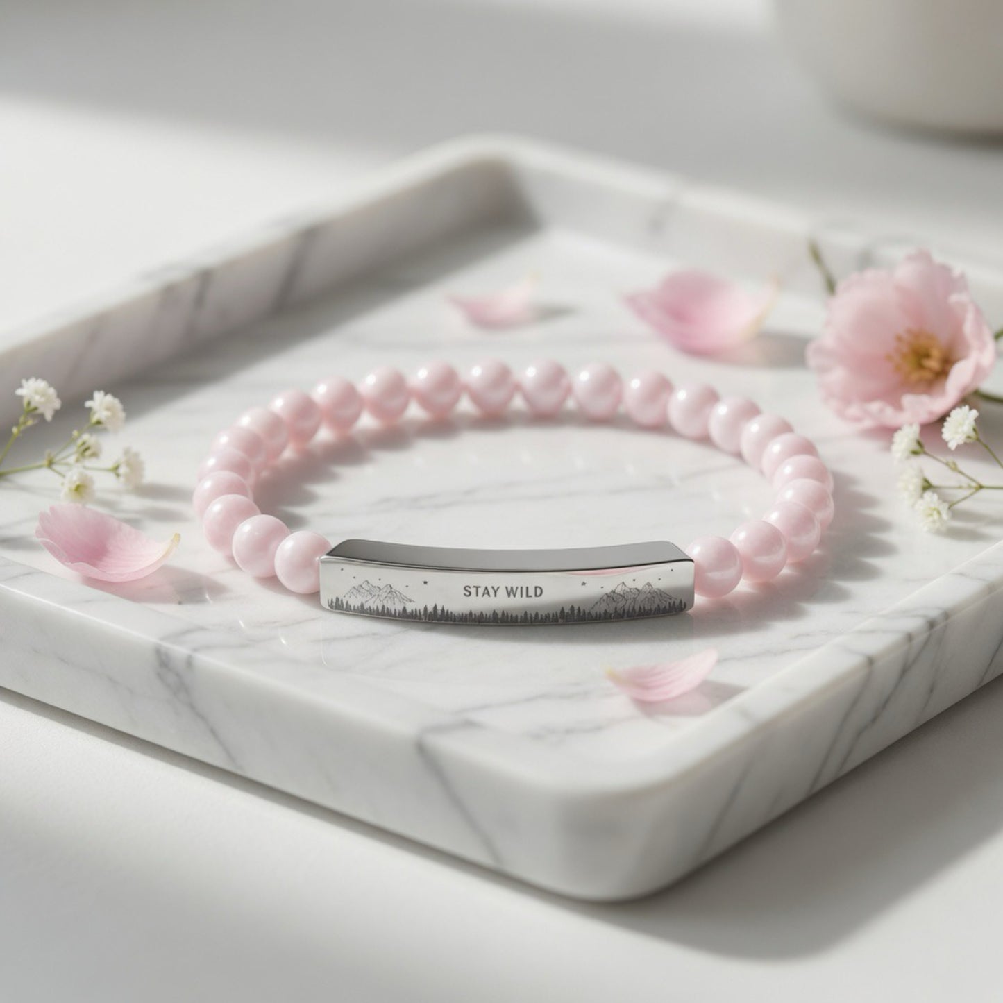 Engravable Natural Stone Bead Bracelet — Stretch Bar Bracelet