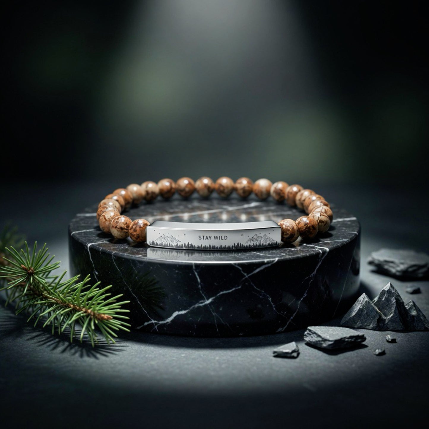 Engravable Natural Stone Bead Bracelet — Stretch Bar Bracelet