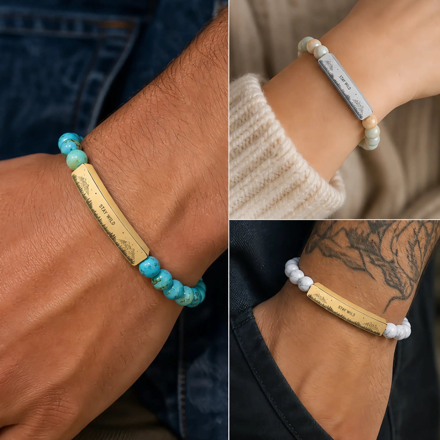 Engravable Natural Stone Bead Bracelet — Stretch Bar Bracelet