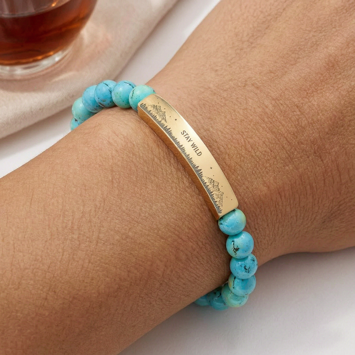 Engravable Natural Stone Bead Bracelet — Stretch Bar Bracelet