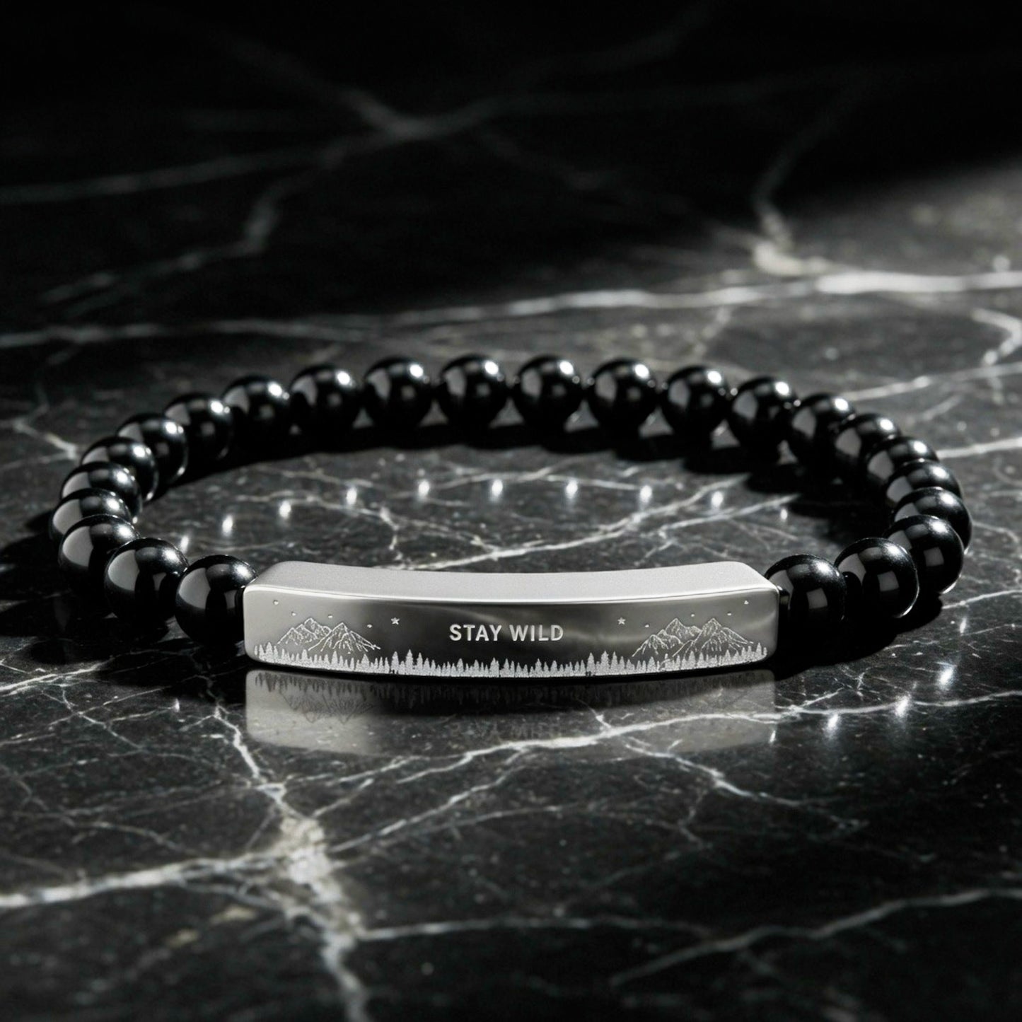Engravable Natural Stone Bead Bracelet — Stretch Bar Bracelet