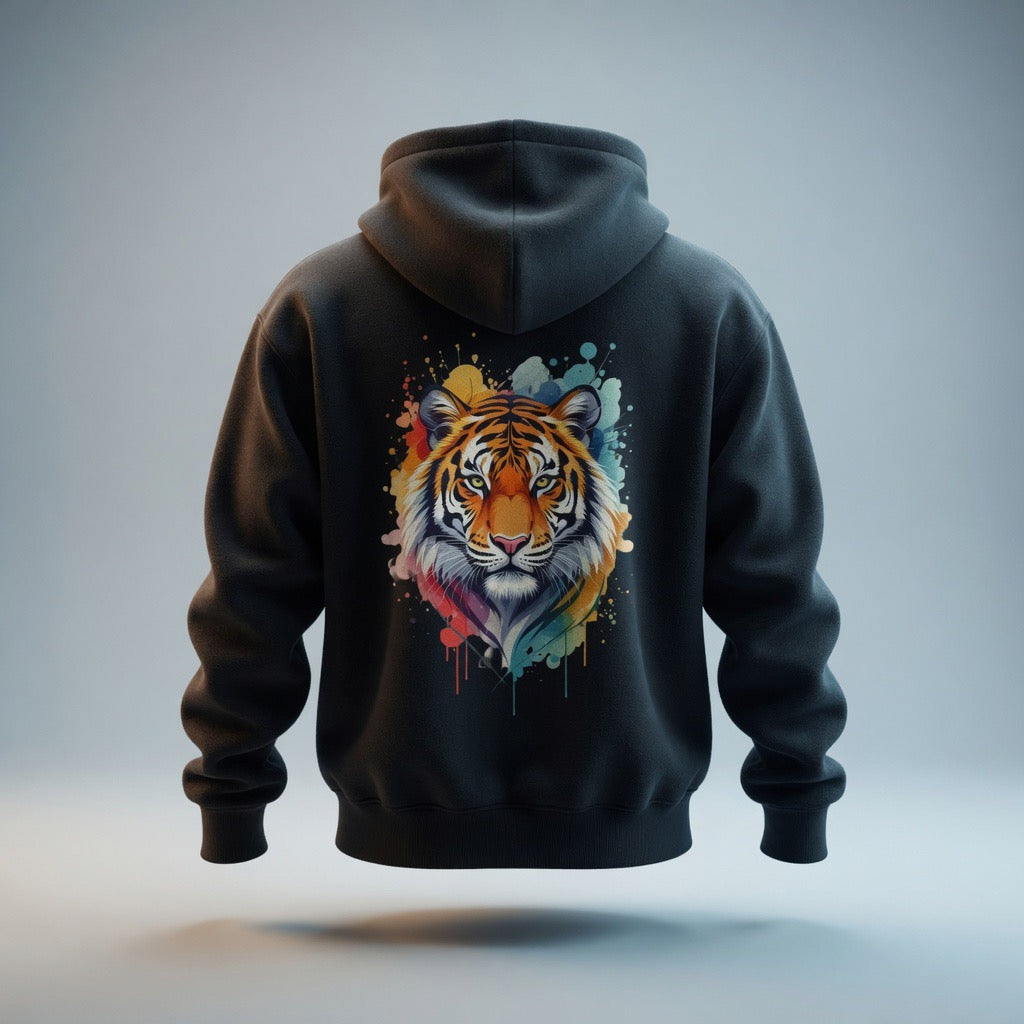Tiger Watercolor Hoodie — Colorful Drip Animal Graphic Fleece Hoodie
