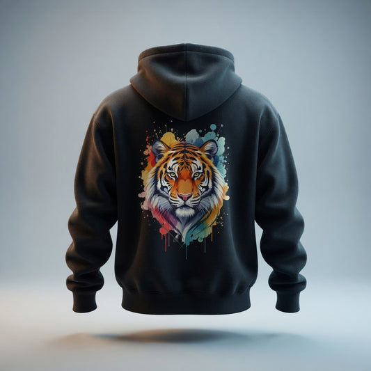Tiger Watercolor Hoodie — Colorful Drip Animal Graphic Fleece Hoodie